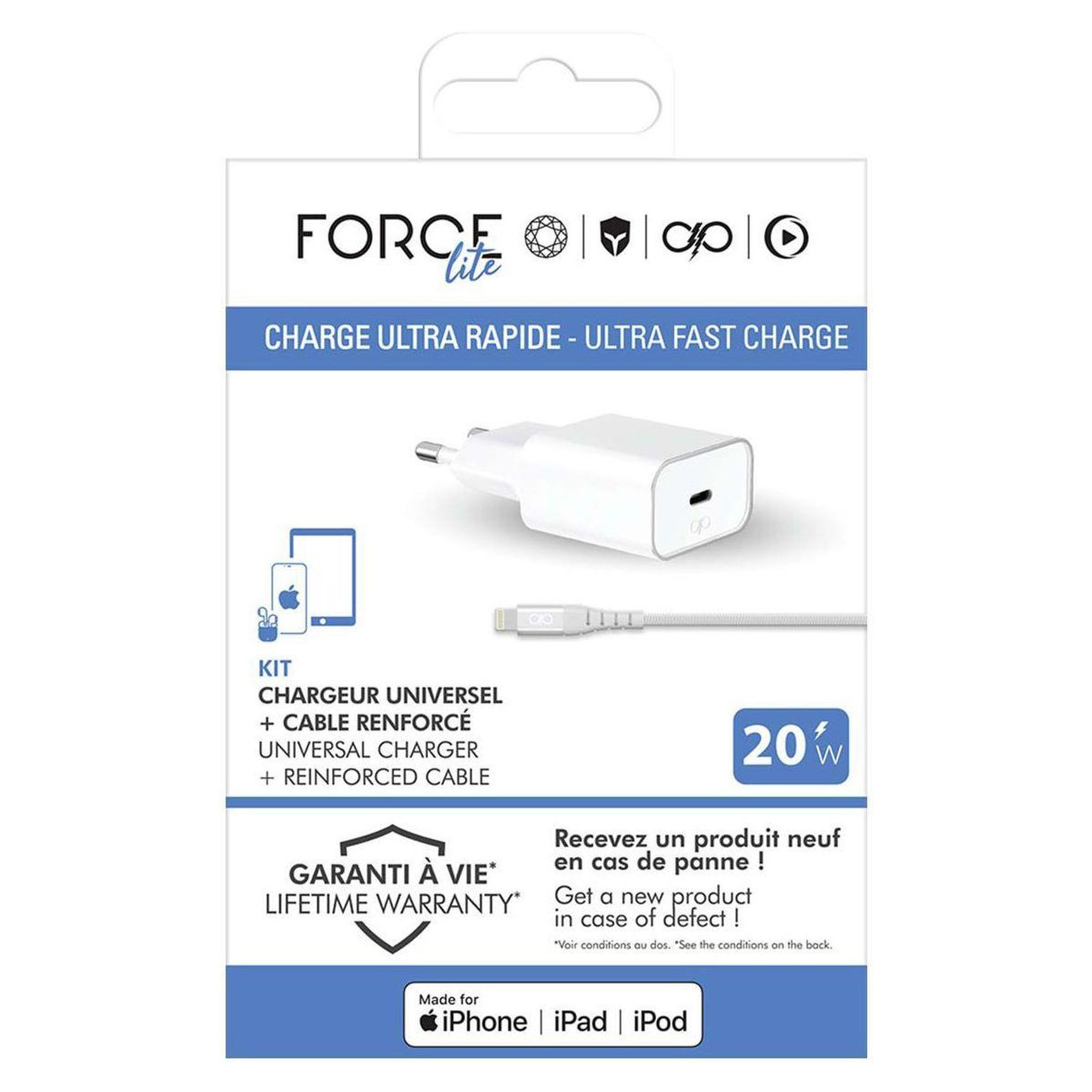 Voir la diapositive 5 : FORCE POWER Chargeur 20w + cable usb-c / lightning mfi 1.2m