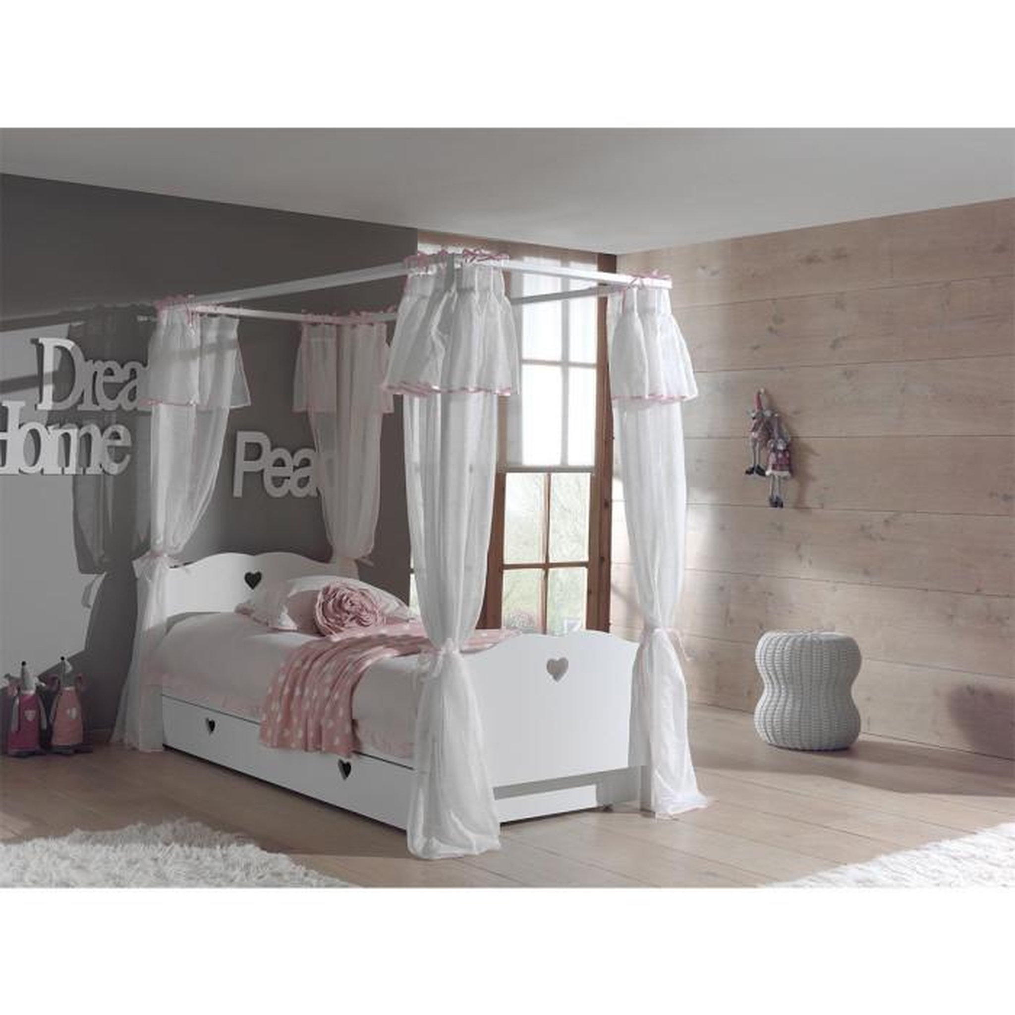 Voir la diapositive 3 : Paris Prix Pack - Lit à Baldaquin Enfant, Voile & Tiroir  Amori  90x200cm Blanc