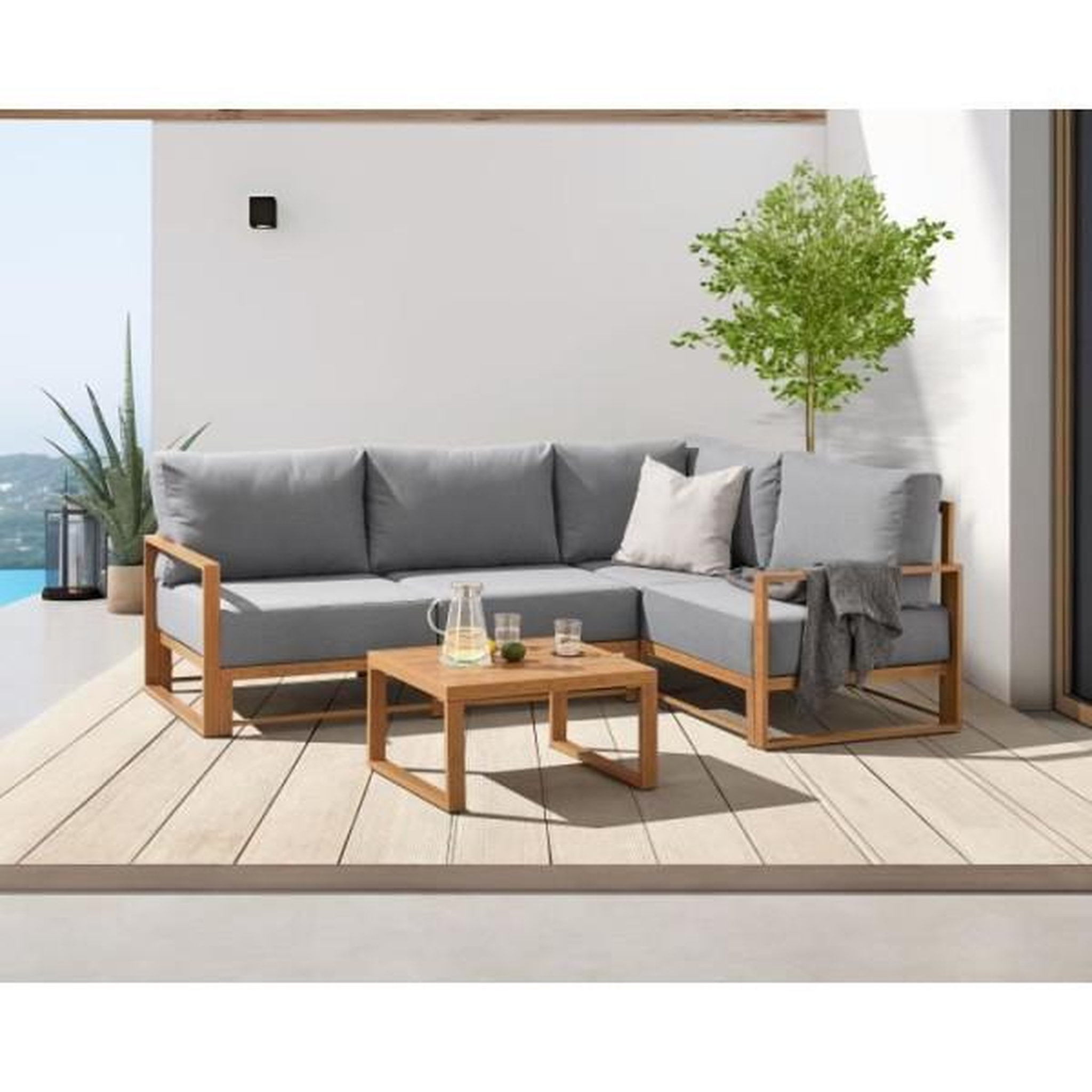 Voir la diapositive 2 : Salon de jardin canapé d'angle - Aluminium effet bois - 5 personnes - Gris clair