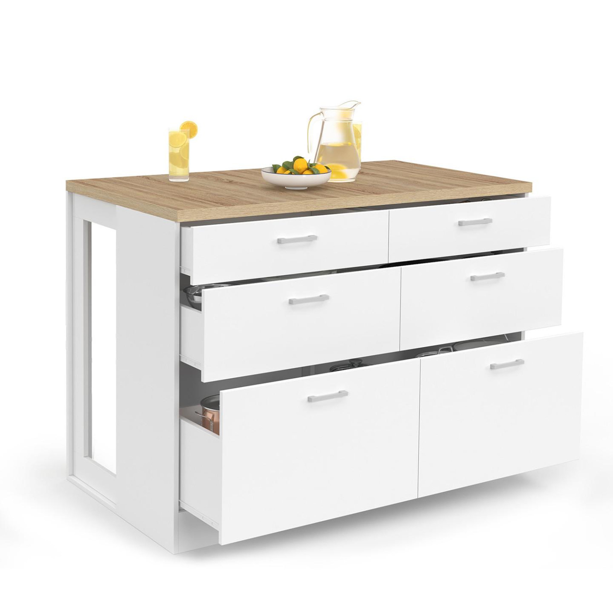 ID MARKET Ilot central mange-debout orso 120 cm casserolier 6 tiroirs blanc avec plan de travail façon hêtre