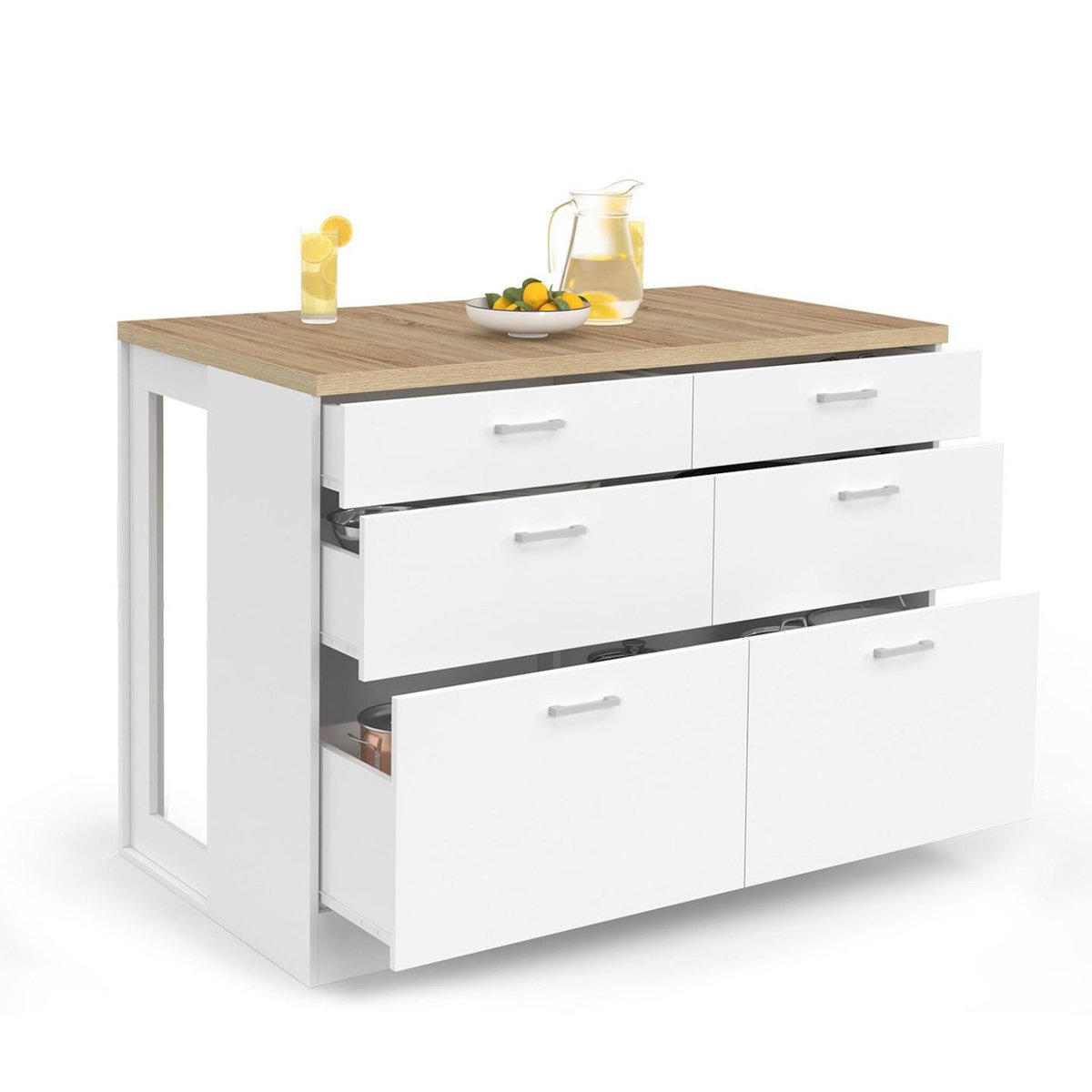 ID MARKET Ilot central mange-debout ORSO 120 cm casserolier 6 tiroirs blanc et plateau bois