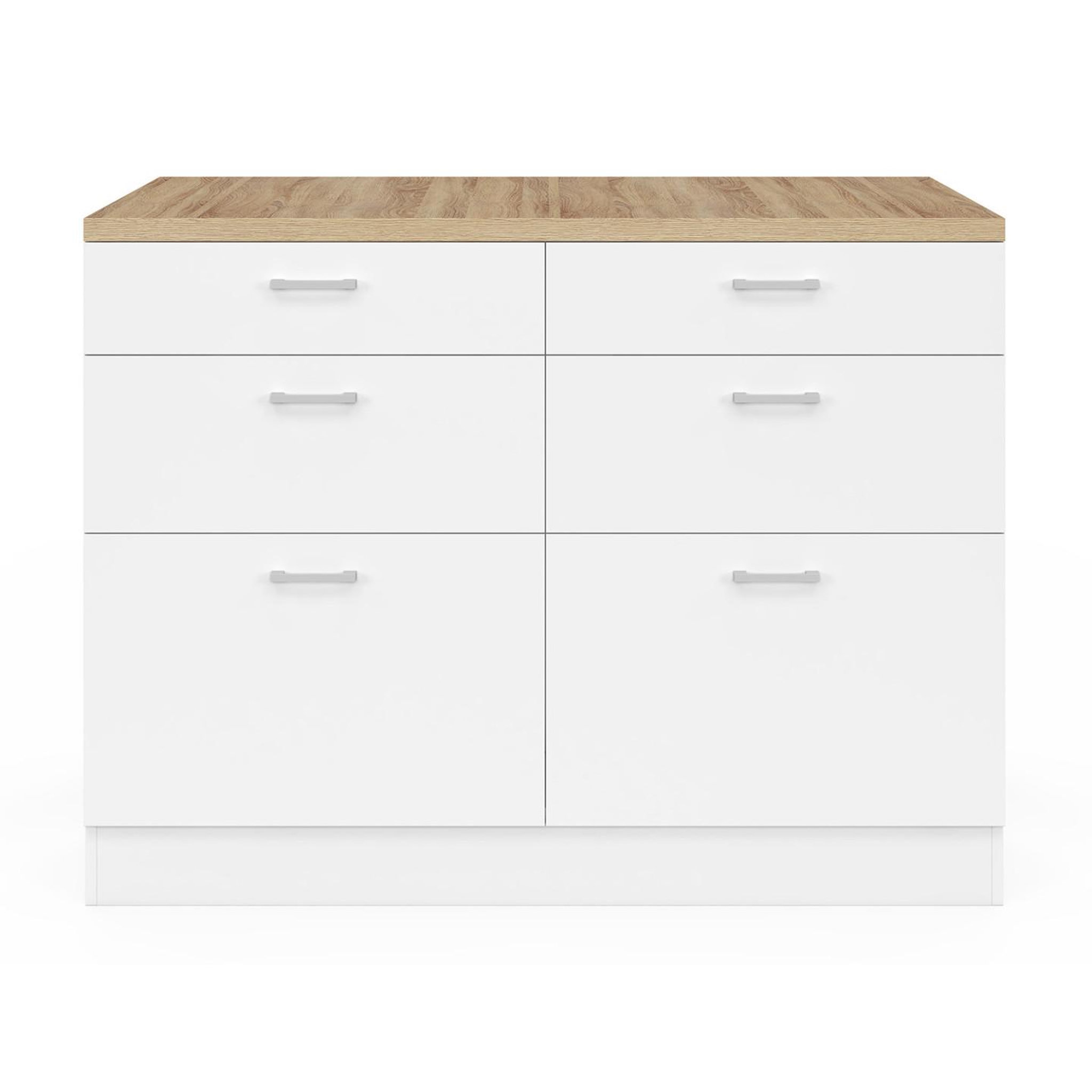 Voir la diapositive 3 : ID MARKET Ilot central mange-debout orso 120 cm casserolier 6 tiroirs blanc avec plan de travail façon hêtre