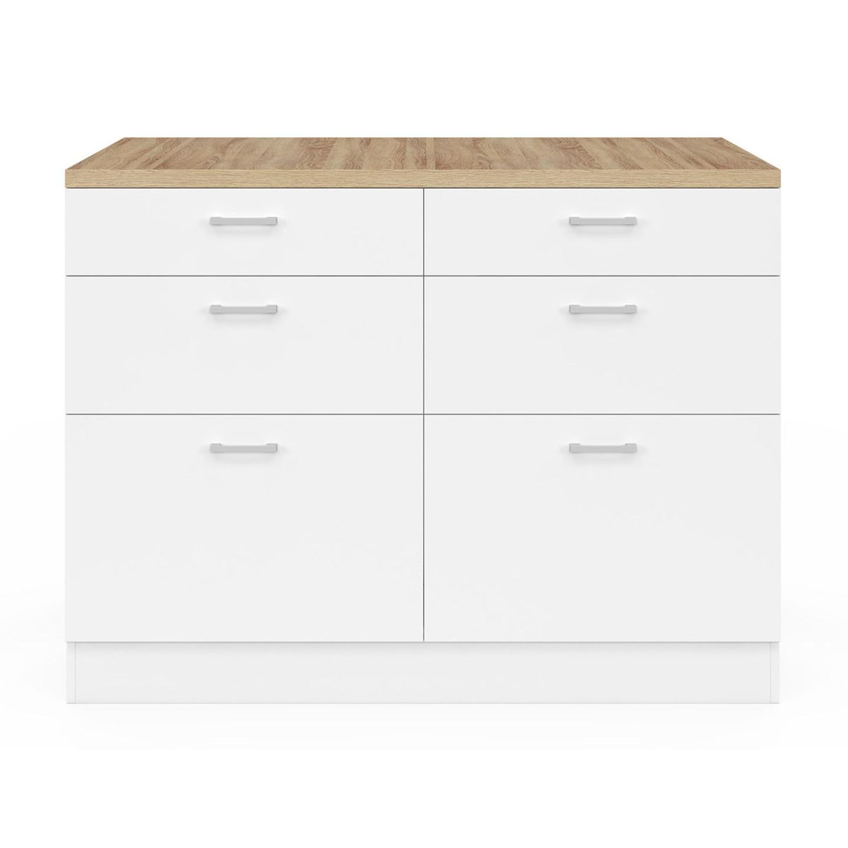 ID MARKET Ilot central mange-debout ORSO 120 cm casserolier 6 tiroirs blanc et plateau bois