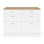 Voir la diapositive 3 : ID MARKET Ilot central mange-debout ORSO 120 cm casserolier 6 tiroirs blanc et plateau bois