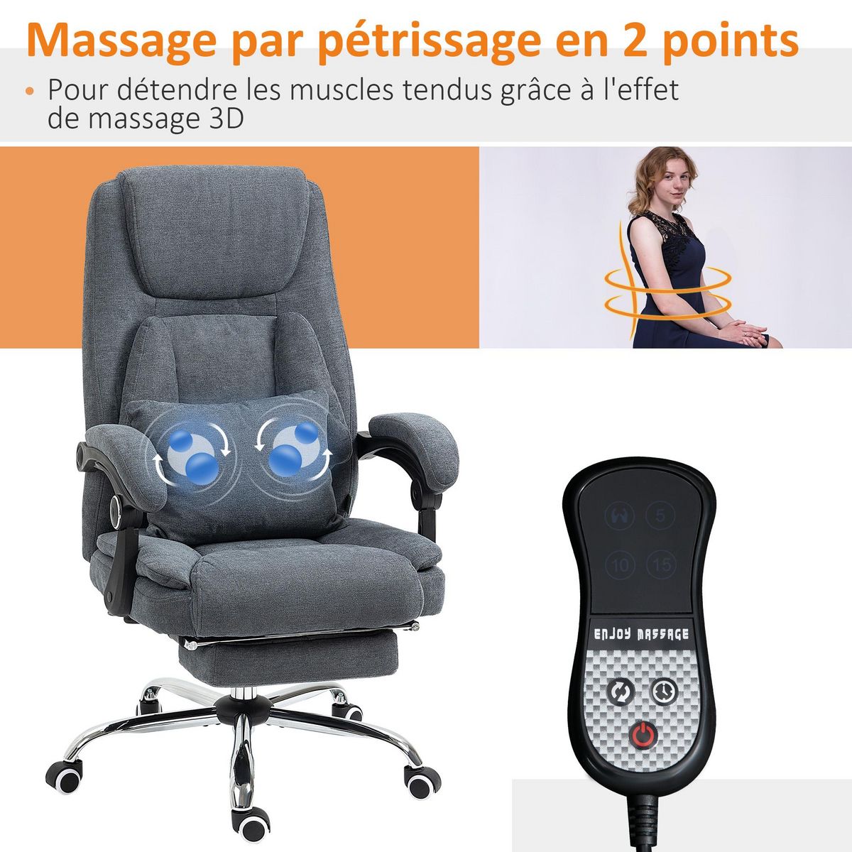 VINSETTO Fauteuil de bureau direction massant par pétrissage - réglable, inclinable, repose-pied rétractable - tissu gris