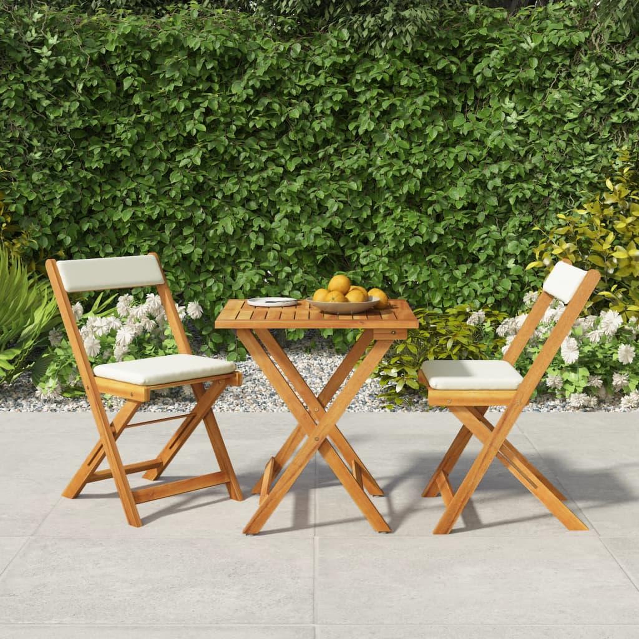 Voir la diapositive 1 : VIDAXL Ensemble de bistro pliable 3 pcs avec coussins Acacia solide