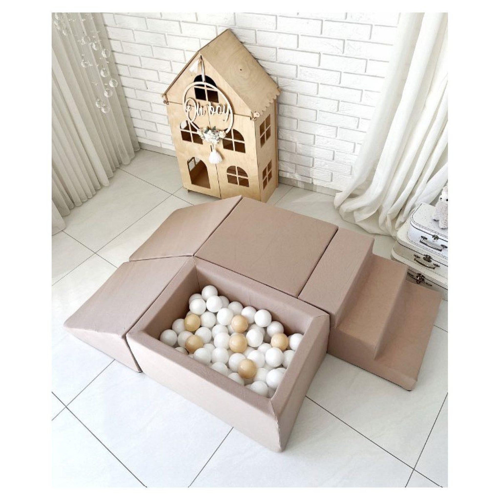 Voir la diapositive 2 : MONIO FOR KIDS Jeu en mousse 5 éléments avec mini piscine à balles beige