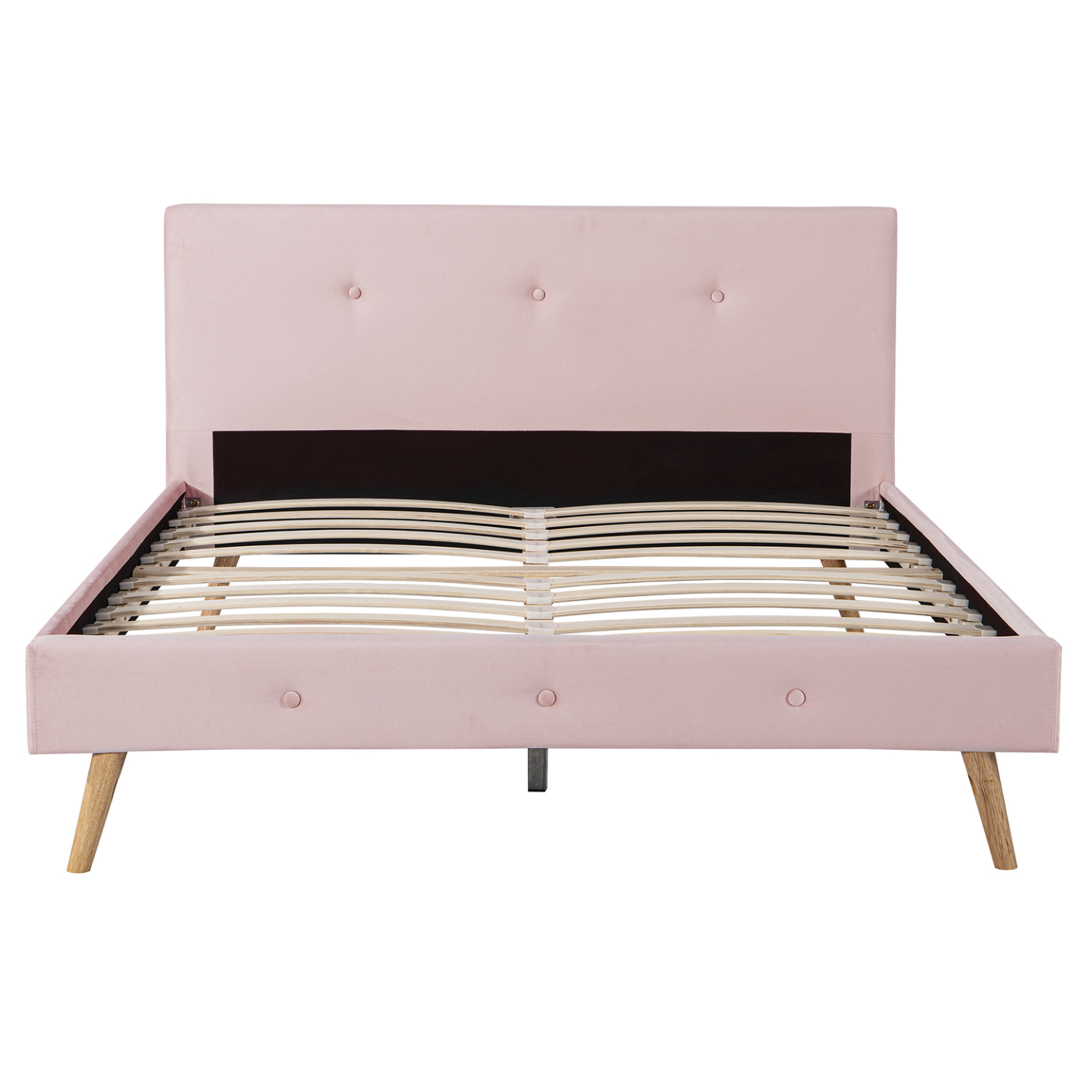 Voir la diapositive 4 : ID MARKET Lit double scandinave oslo avec tête de lit et sommier 140 x 190 cm tissu rose clair effet velours