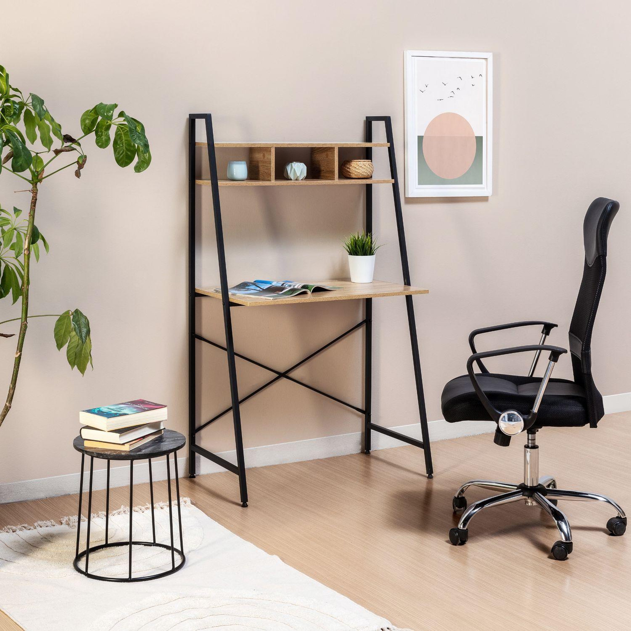 Voir la diapositive 5 : VS VENTA-STOCK Bureau Blanca noir, 1 étagère, style industriel, 83 cm longueur