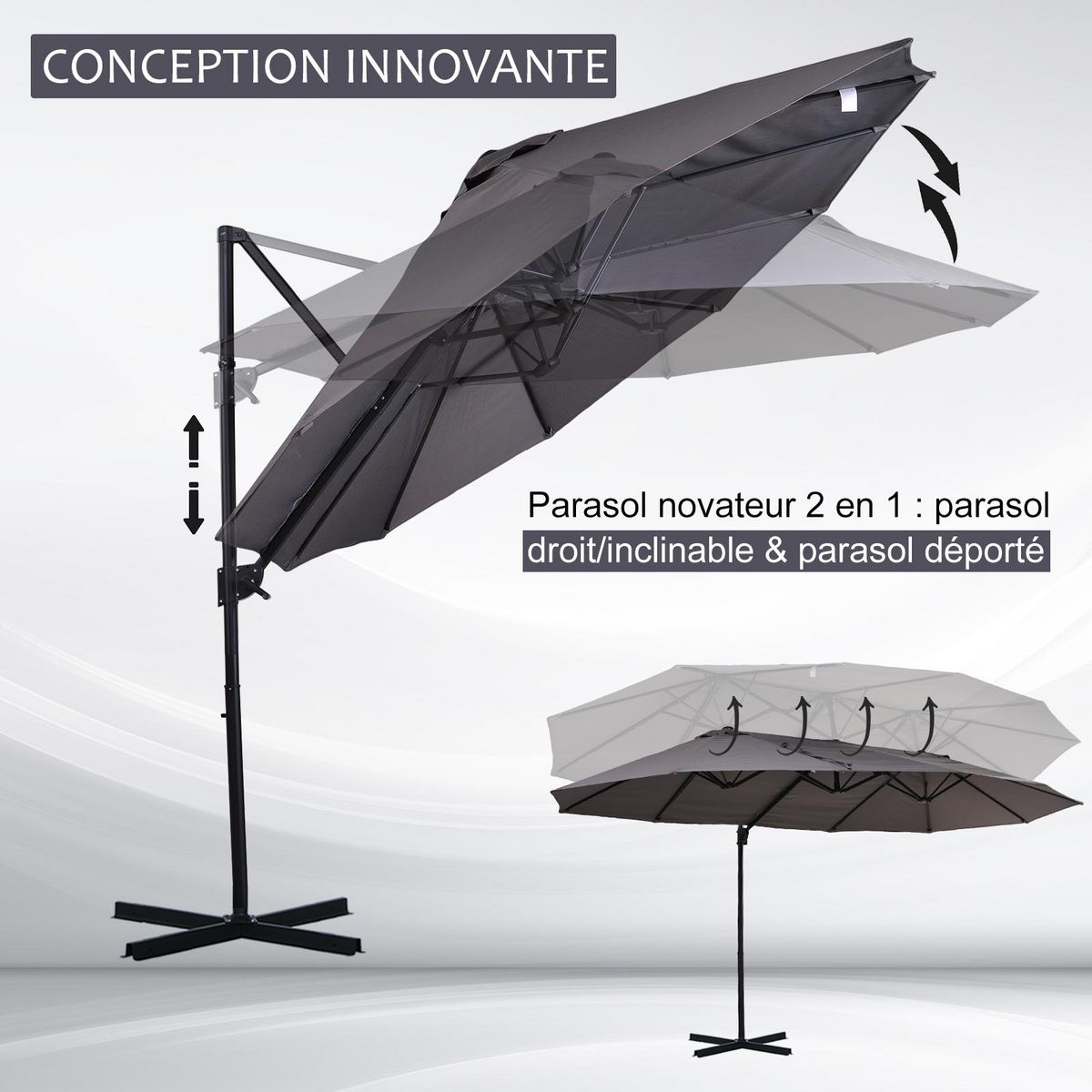 OUTSUNNY Parasol déporté grande taille XXL inclinable dim. 4,4L x 2,7l x 2,5H m piètement en acier inclus polyester gris