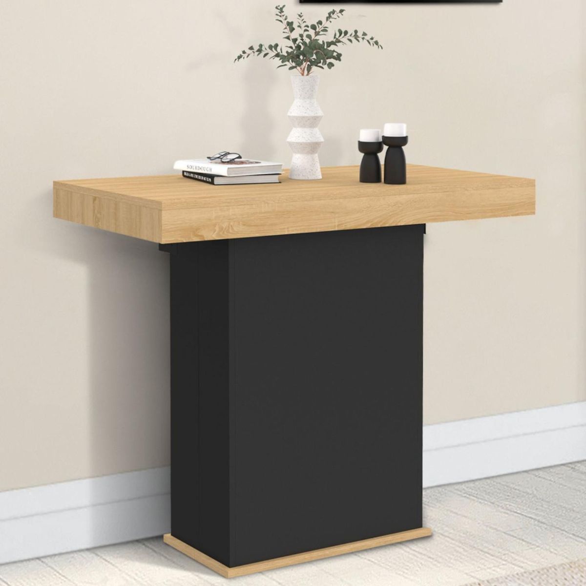 ID MARKET Table console extensible EDEN 14 personnes 300 cm bois et noir