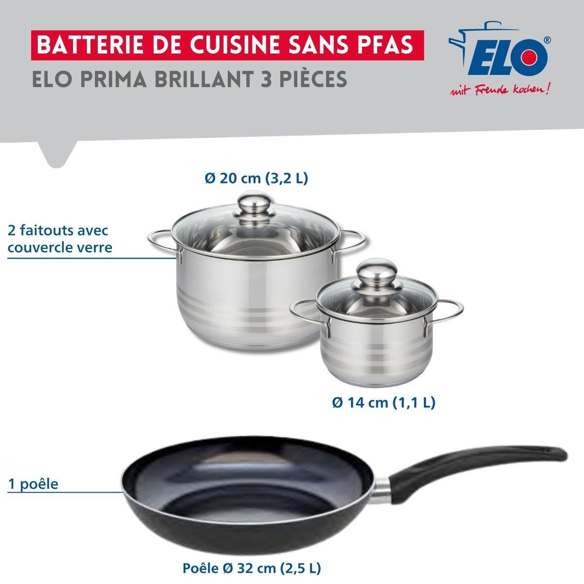 Voir la diapositive 2 : ELO Ensemble de 1 poêle de cuisson 32 cm et 2 faitouts 14 et 20 cm elo prima brillant