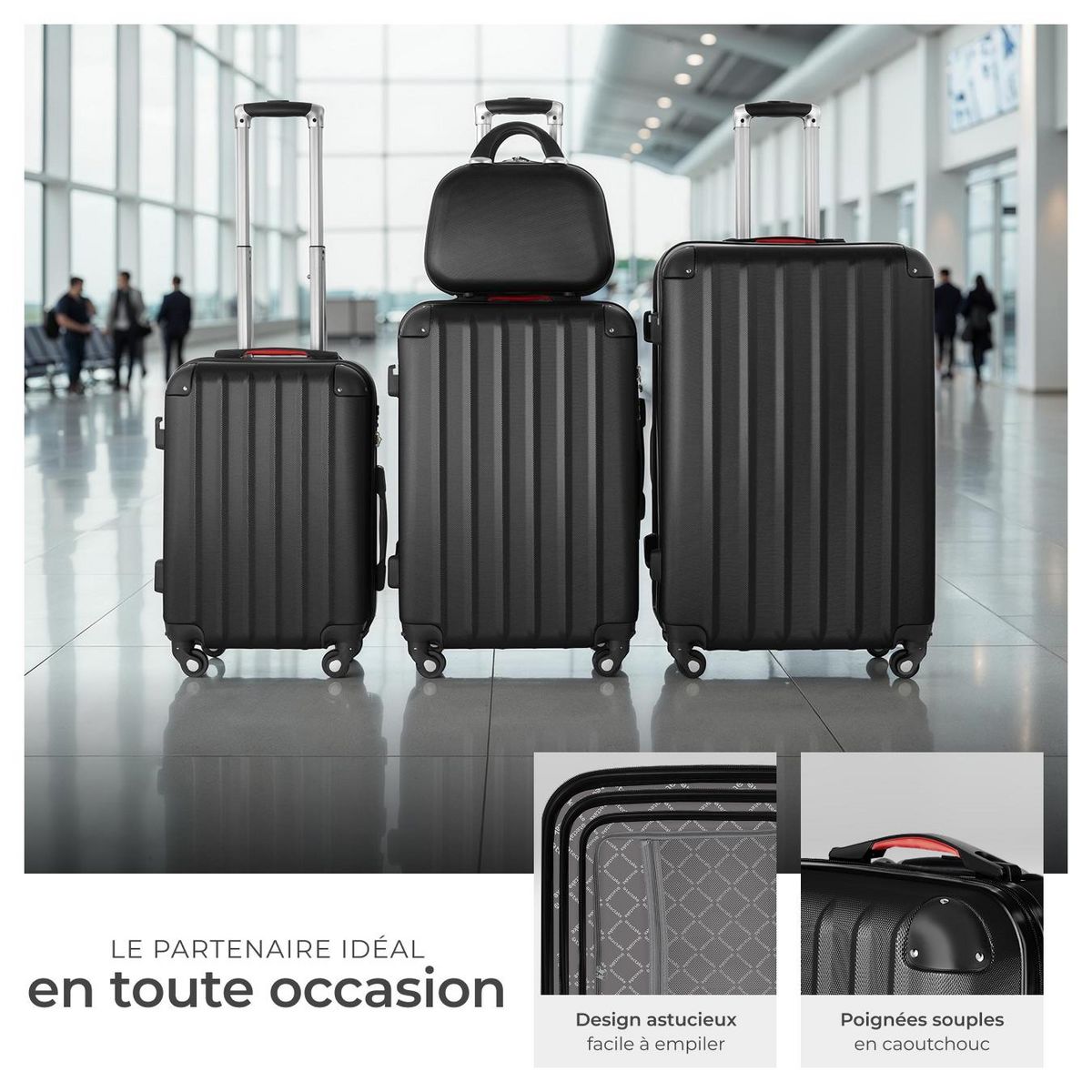 tectake Set de valises trolley rigides 4 pièces, 3 trolleys et une trousse de beauté en plastique ABS robuste noir