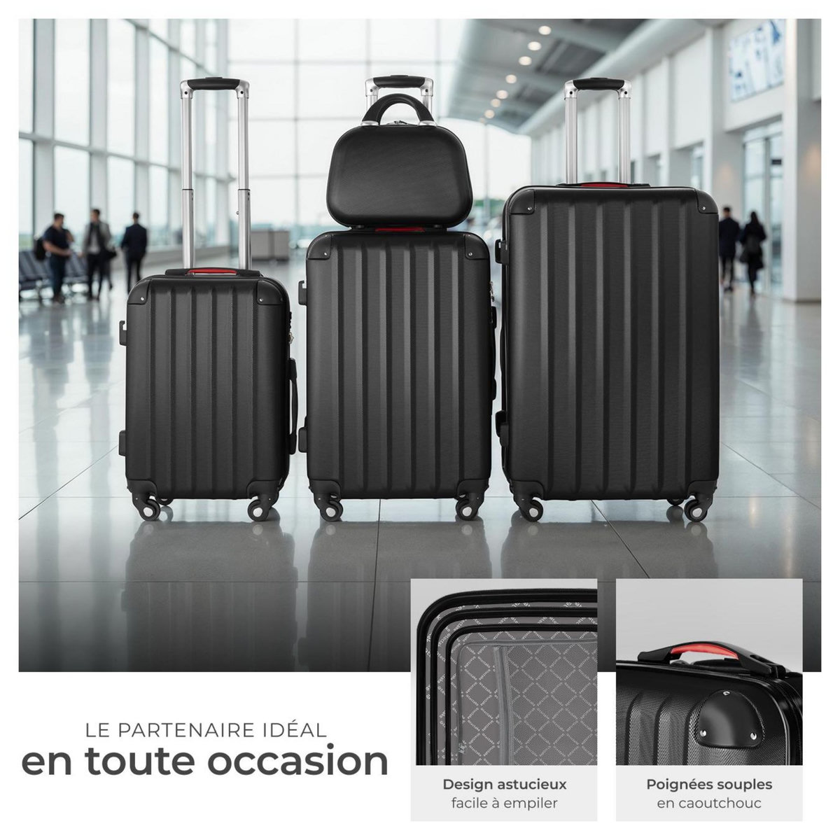 tectake Set de valises trolley rigides 4 pièces, 3 trolleys et une trousse de beauté en plastique ABS robuste noir