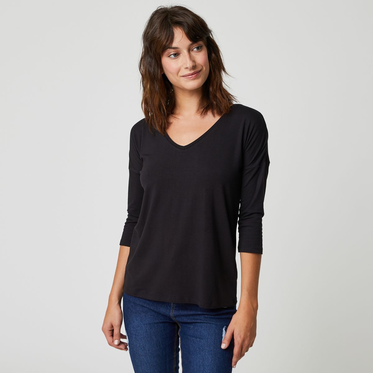 INEXTENSO T-shirt manches longues col v noir femme