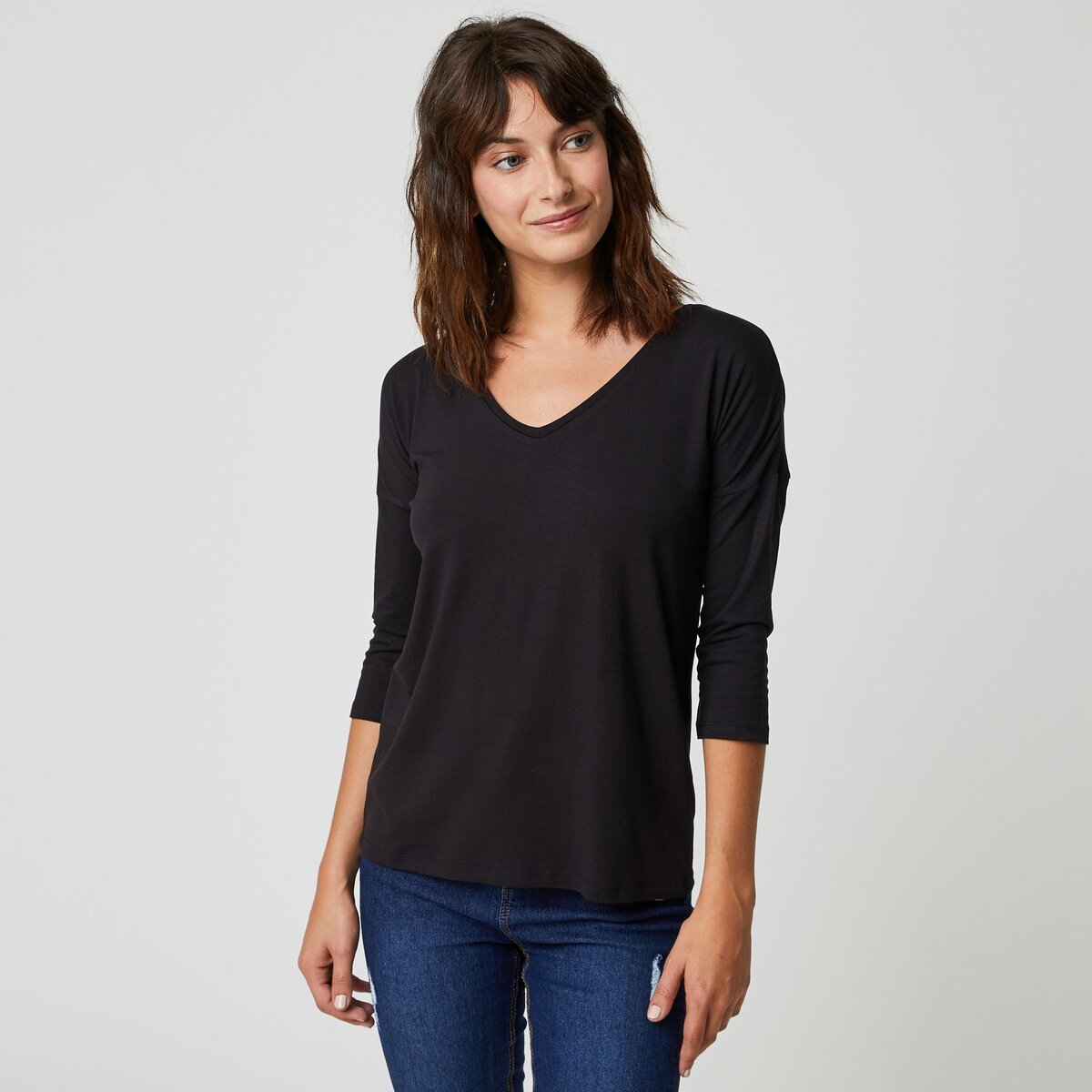 INEXTENSO T-shirt manches longues col v noir femme