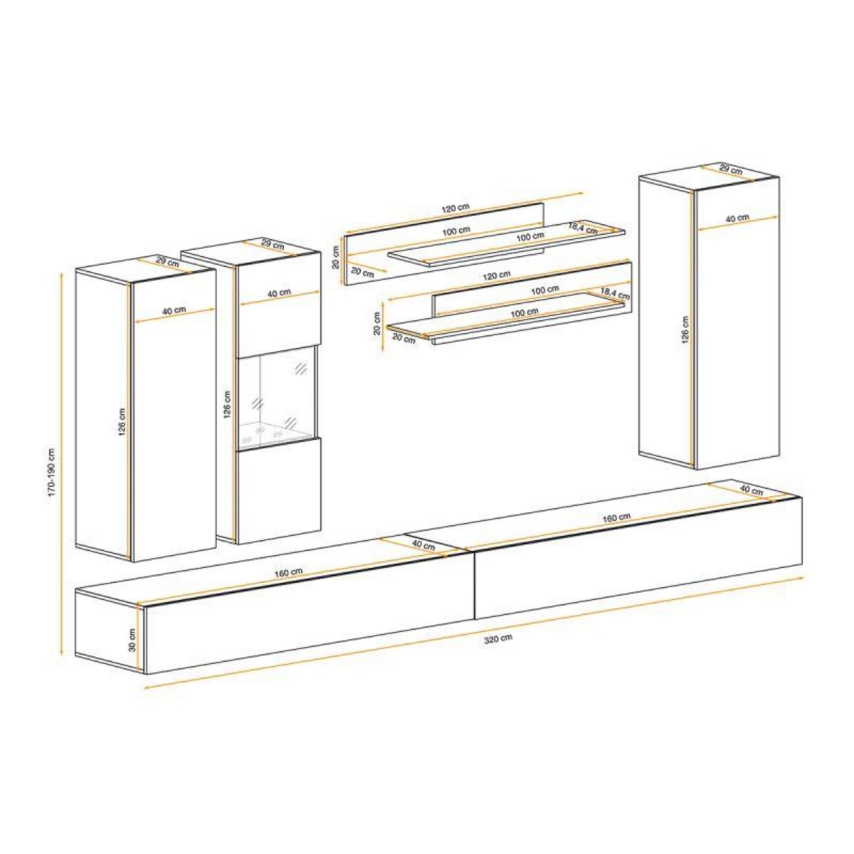 Paris Prix Meuble TV Mural Design  Fly V  320cm Noir & Blanc