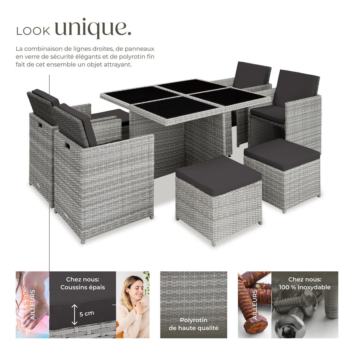 tectake Salon de jardin avec cadre en aluminium gris clair