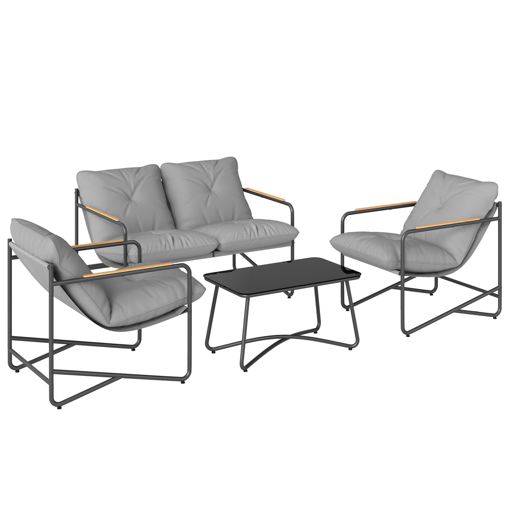 OUTSUNNY Salon de jardin 4 places 4 pièces avec coussins métal gris effet bois