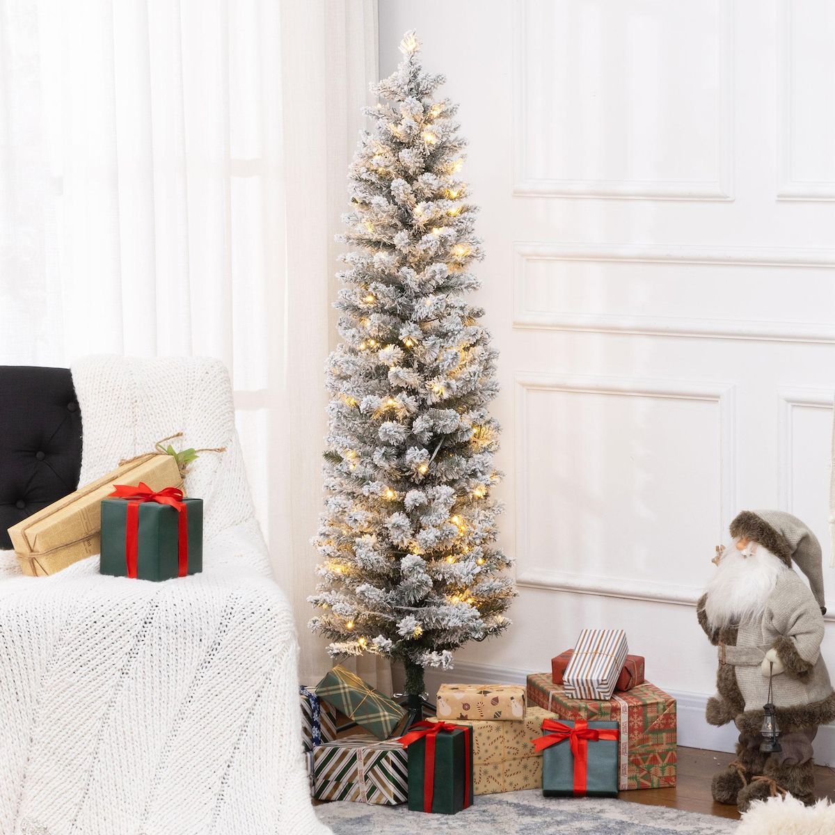 HOMCOM Sapin de Noël artificiel LED H.150 cm - sapin de Noël mince enneigé - 263 branches 120 LED blanc chaud