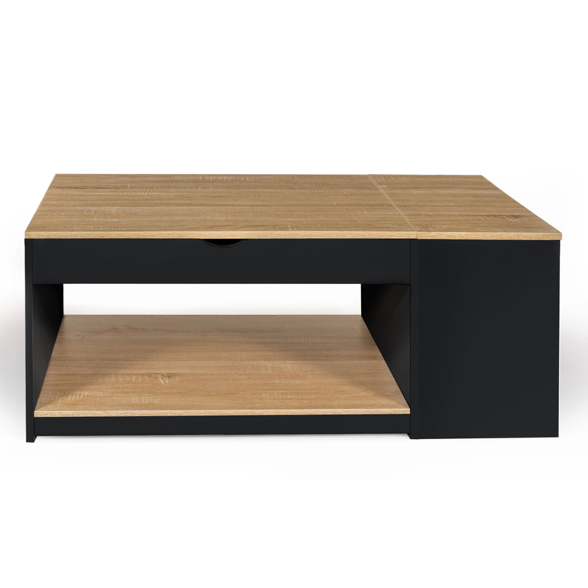 Voir la diapositive 3 : ID MARKET Table basse plateau relevable rectangulaire elea avec coffre bois noir et façon hêtre