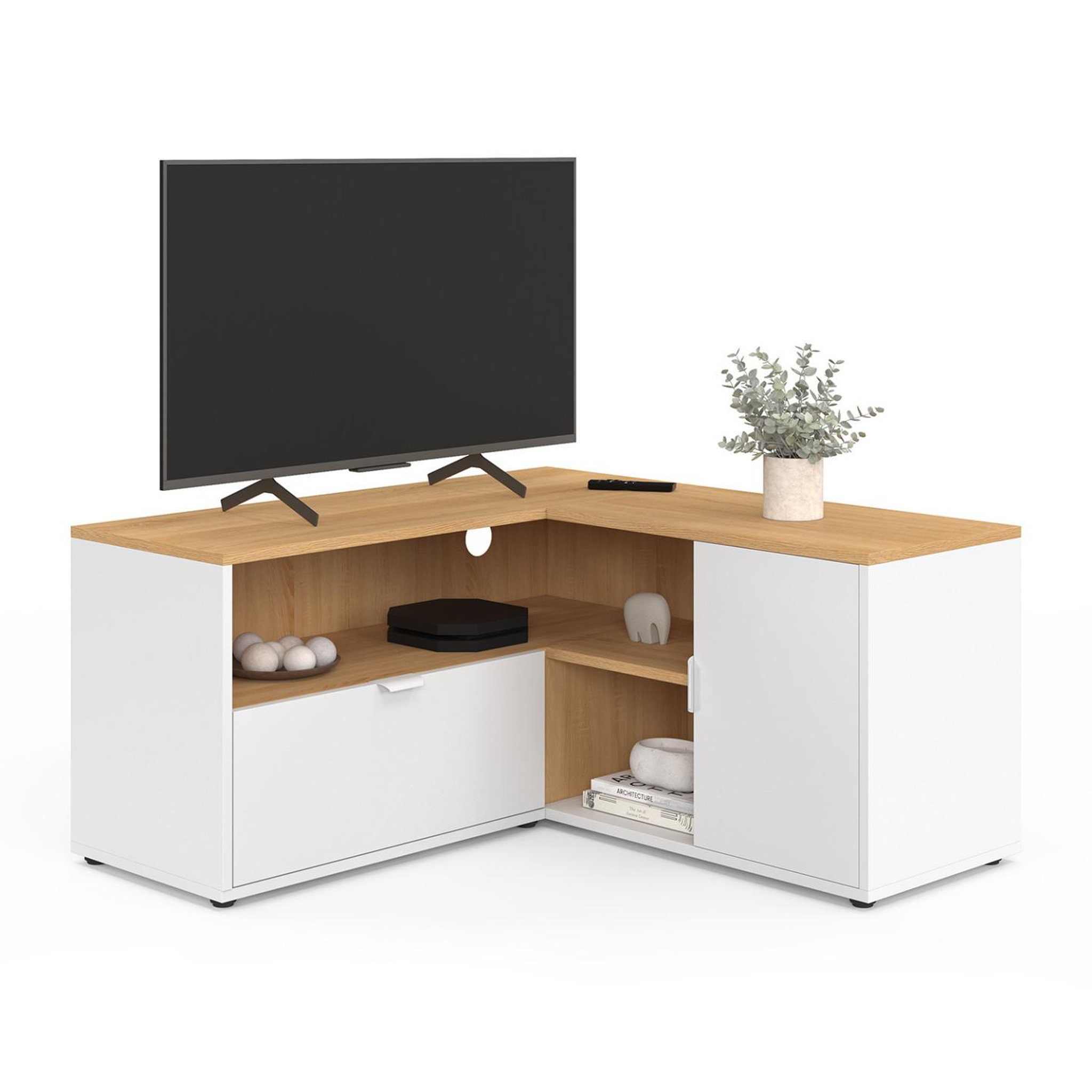 ID MARKET Meuble tv 90 x 90 cm d'angle baltazar façon hêtre et blanc