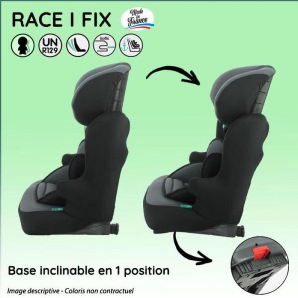 NANIA Siege Auto  isofix NANIA RACE I FIX 76-140 cm R129 –de 3 a 10 ans – Tetiere réglable - Base inclinable - Noir - Fabrication
