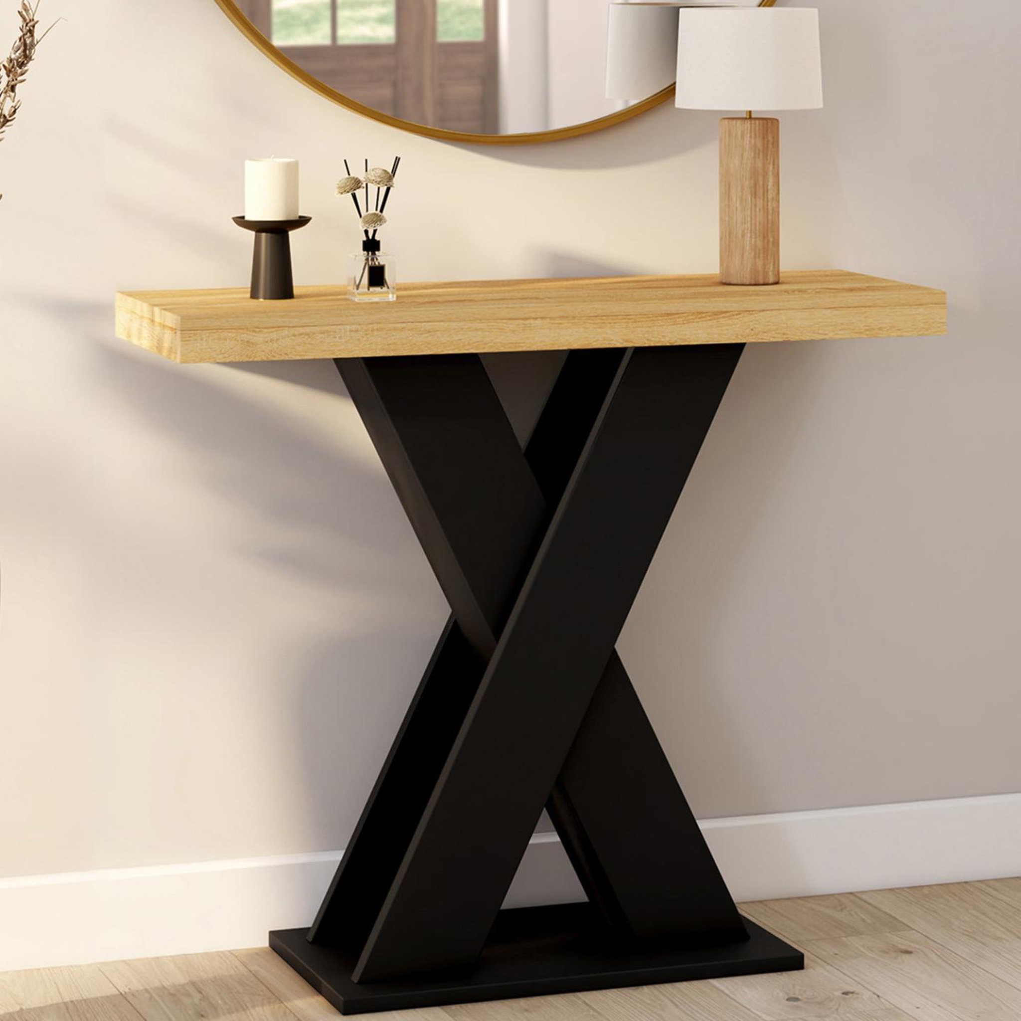 Voir la diapositive 2 : ID MARKET Console alicia plateau bois et pied x noir