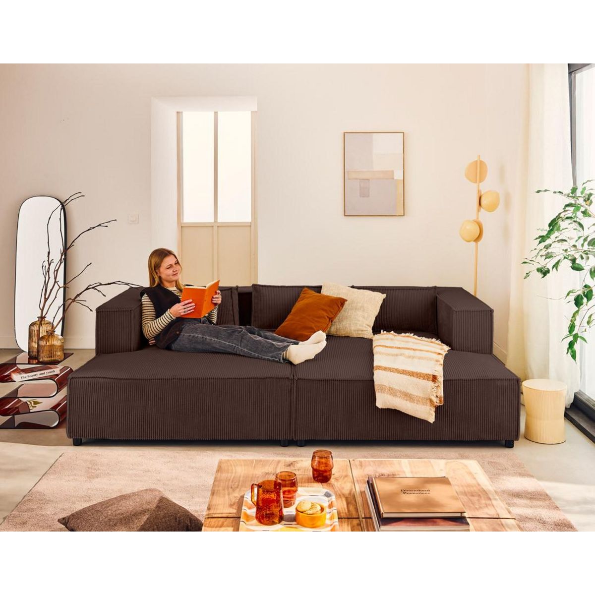 LISA DESIGN Stella - canapé droit 3 places avec double méridienne - assise profonde - en velours côtelé