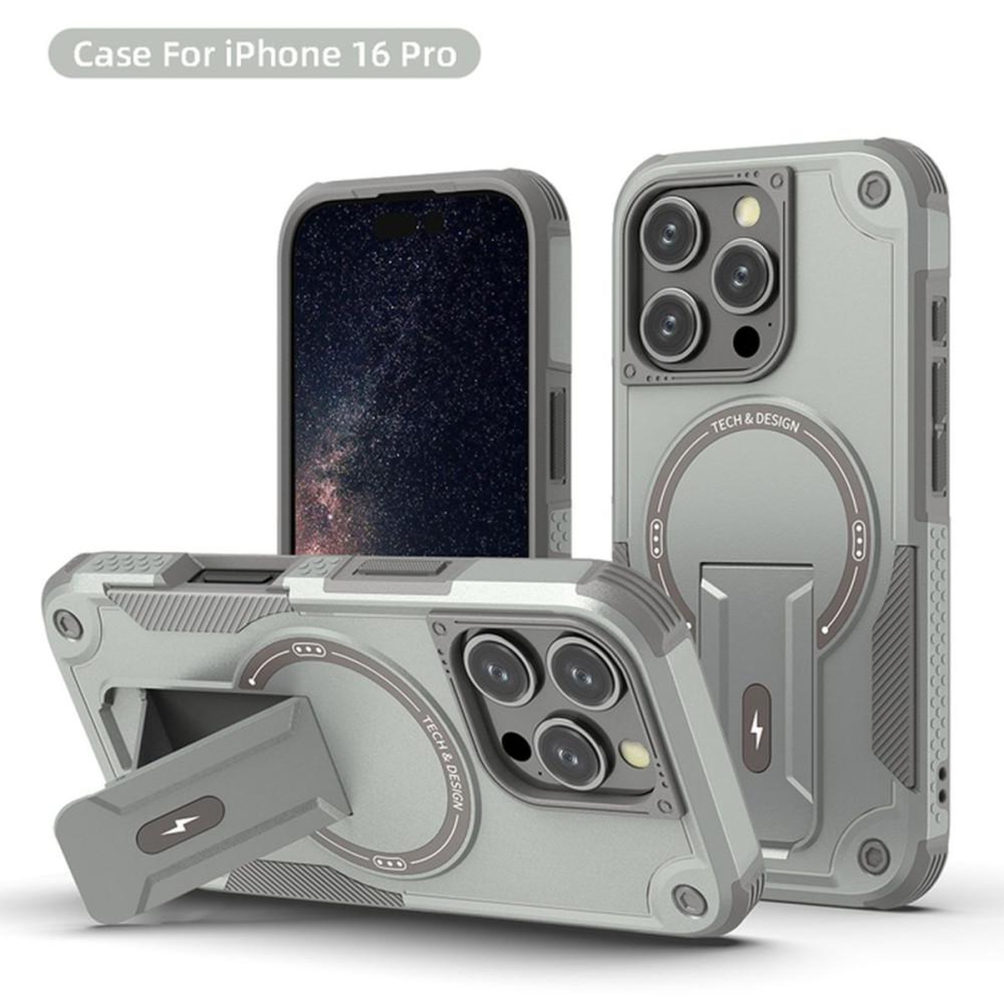 Coque MagSafe iPhone 16 Pro grise antichoc 360° avec support intégré HCT Style