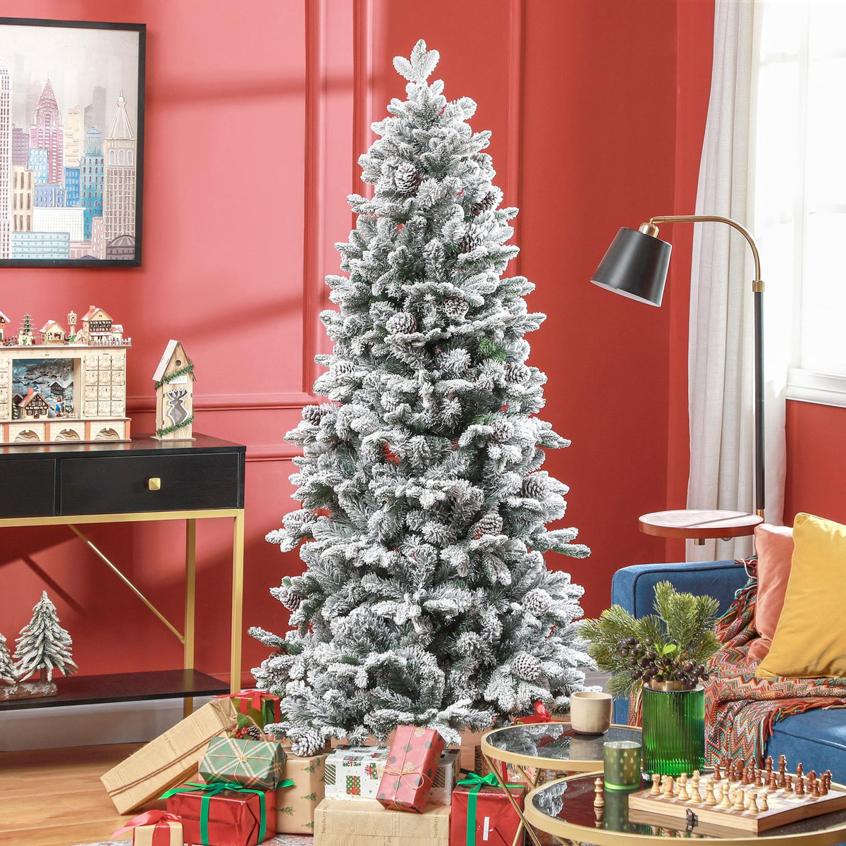 HOMCOM Sapin de Noël artificiel H.180 cm 1489 branches enneigées 33 pommes de pin métal PVC PE vert blanc