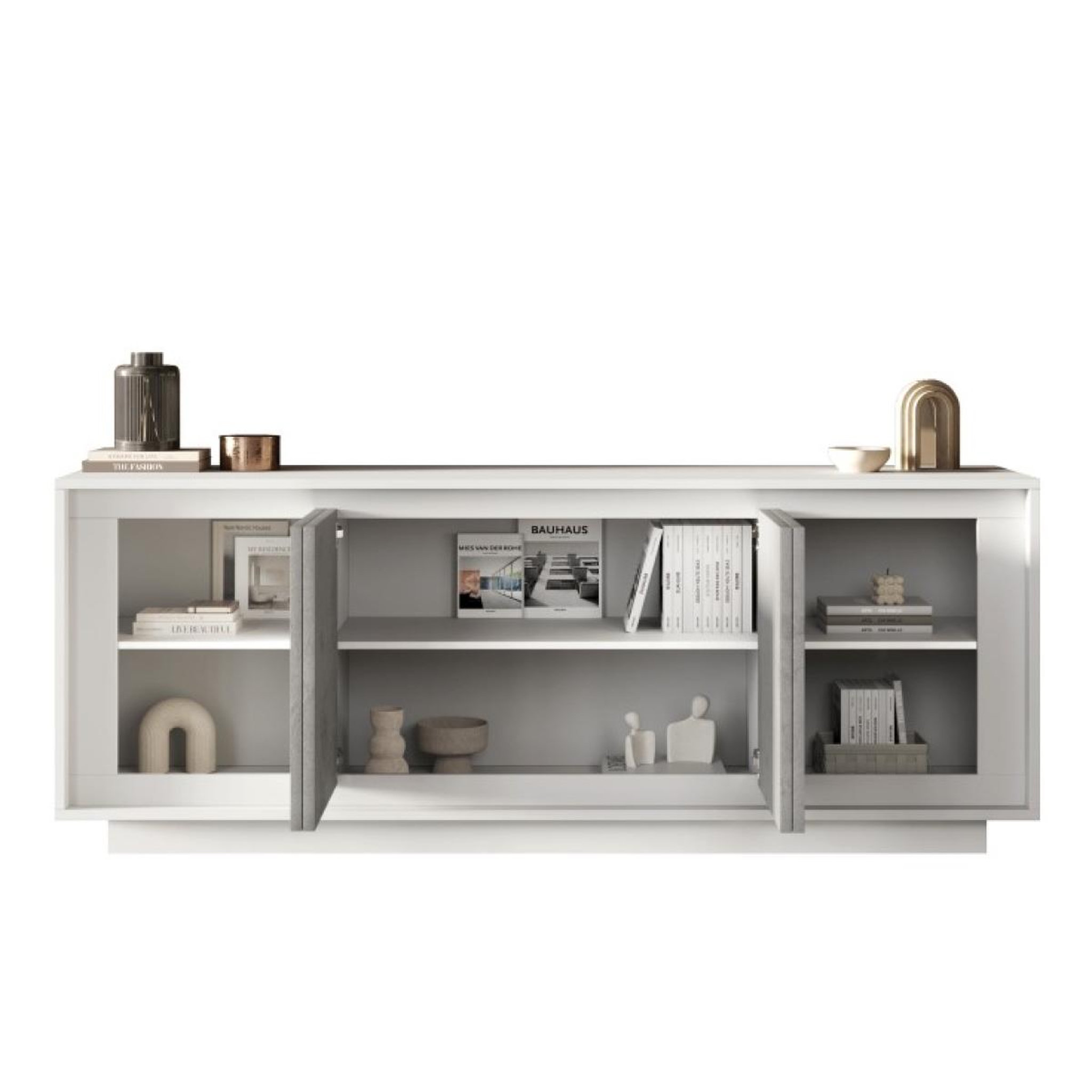 Voir la diapositive 3 : JLC KREATION Buffet bas moderne 4 portes blanc et gris béton yori
