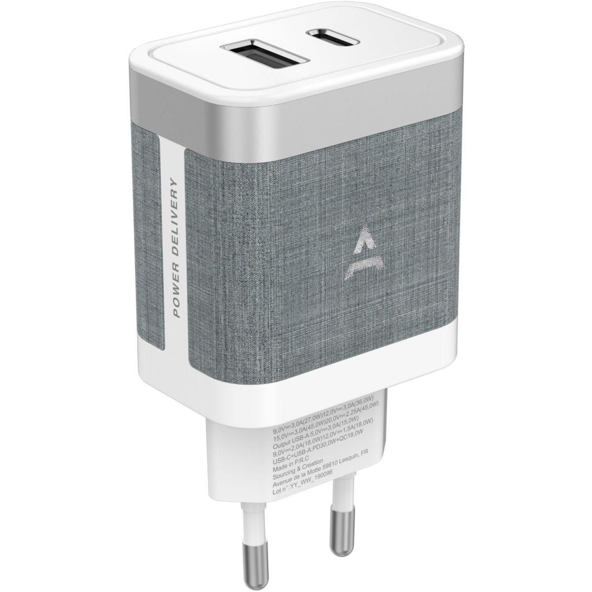 ADEQWAT Chargeur 45W PowerDelivery USB + USB-C Blanc