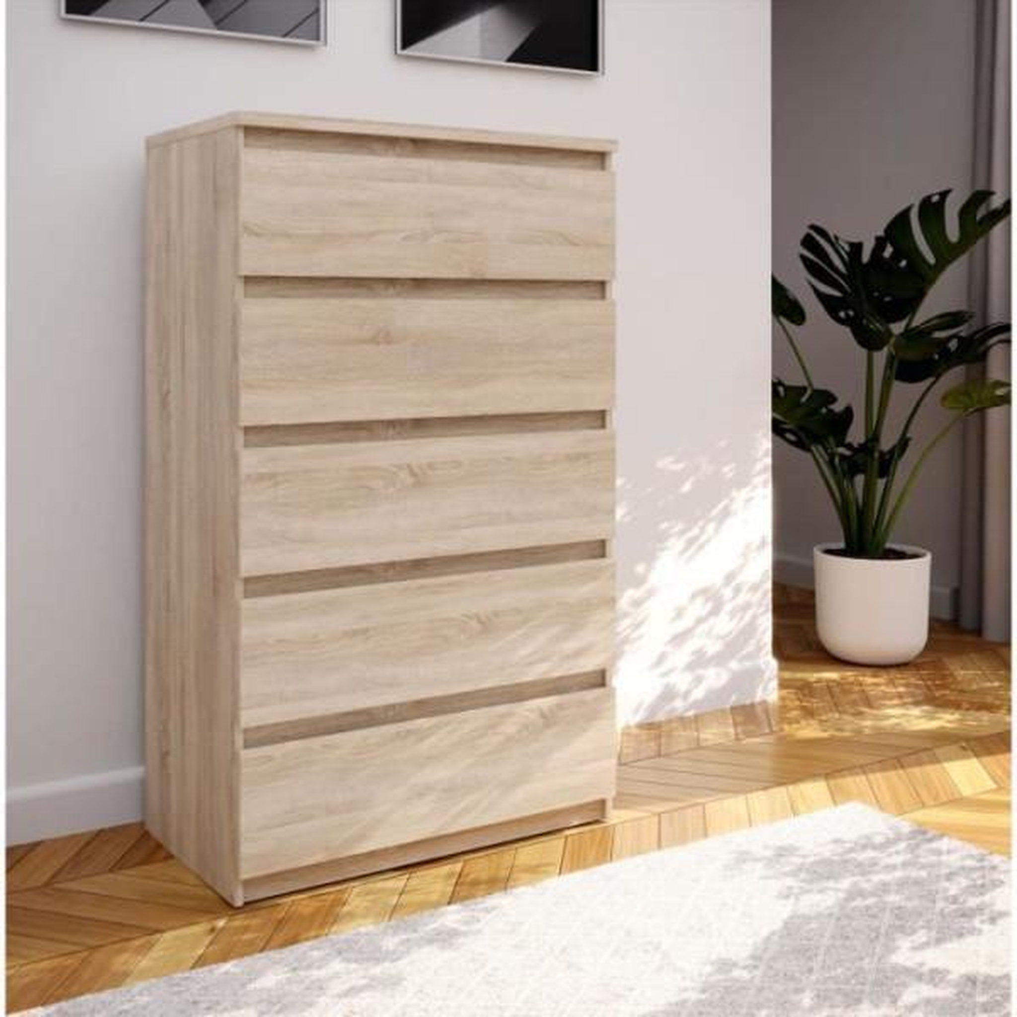 Voir la diapositive 2 : MARKET24 Commode CHELSEA 5 tiroirs - L 77,2 x P 42,2 x H 128,1 - Décor chene sonoma