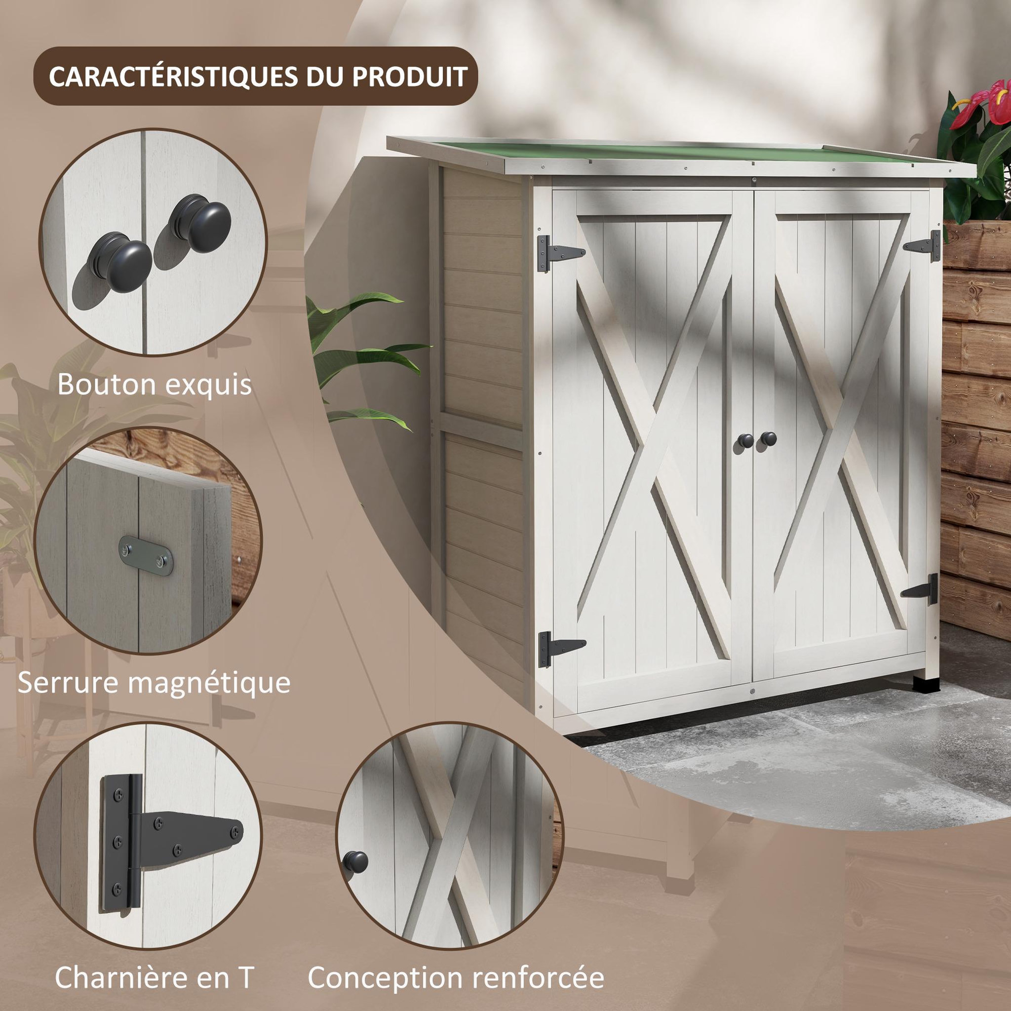 Voir la diapositive 6 : OUTSUNNY Abri de jardin armoire de jardin sur pied dim. 110L x 55l x 117H cm 2 étagères 2 portes toit bitumé bois sapin pré-huilé gris clair
