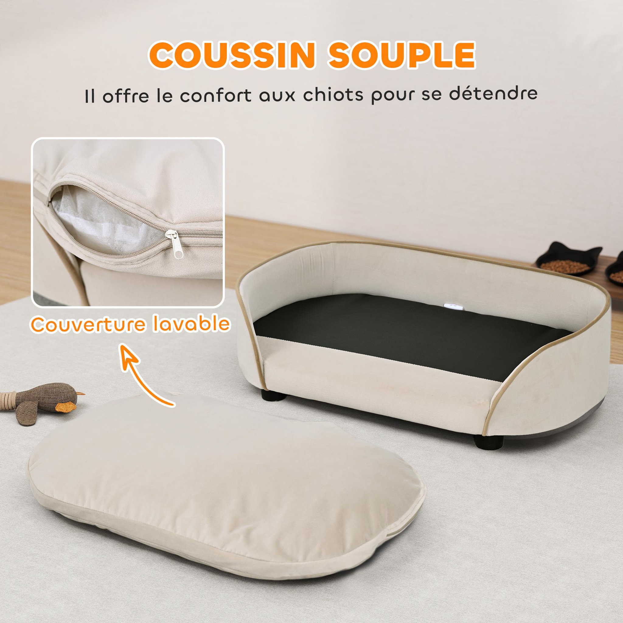 Voir la diapositive 5 : PAWHUT Canapé pour chien coussin amovible déhoussable velours beige