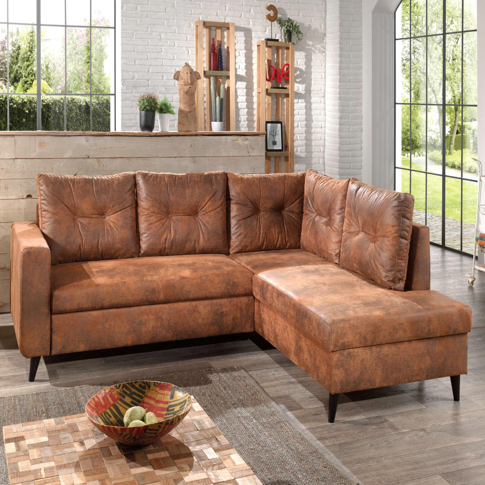 BEST MOBILIER Nordic - canapé d'angle l - 5 places - convertible - industriel vintage - droit. Coloris disponibles : Marron