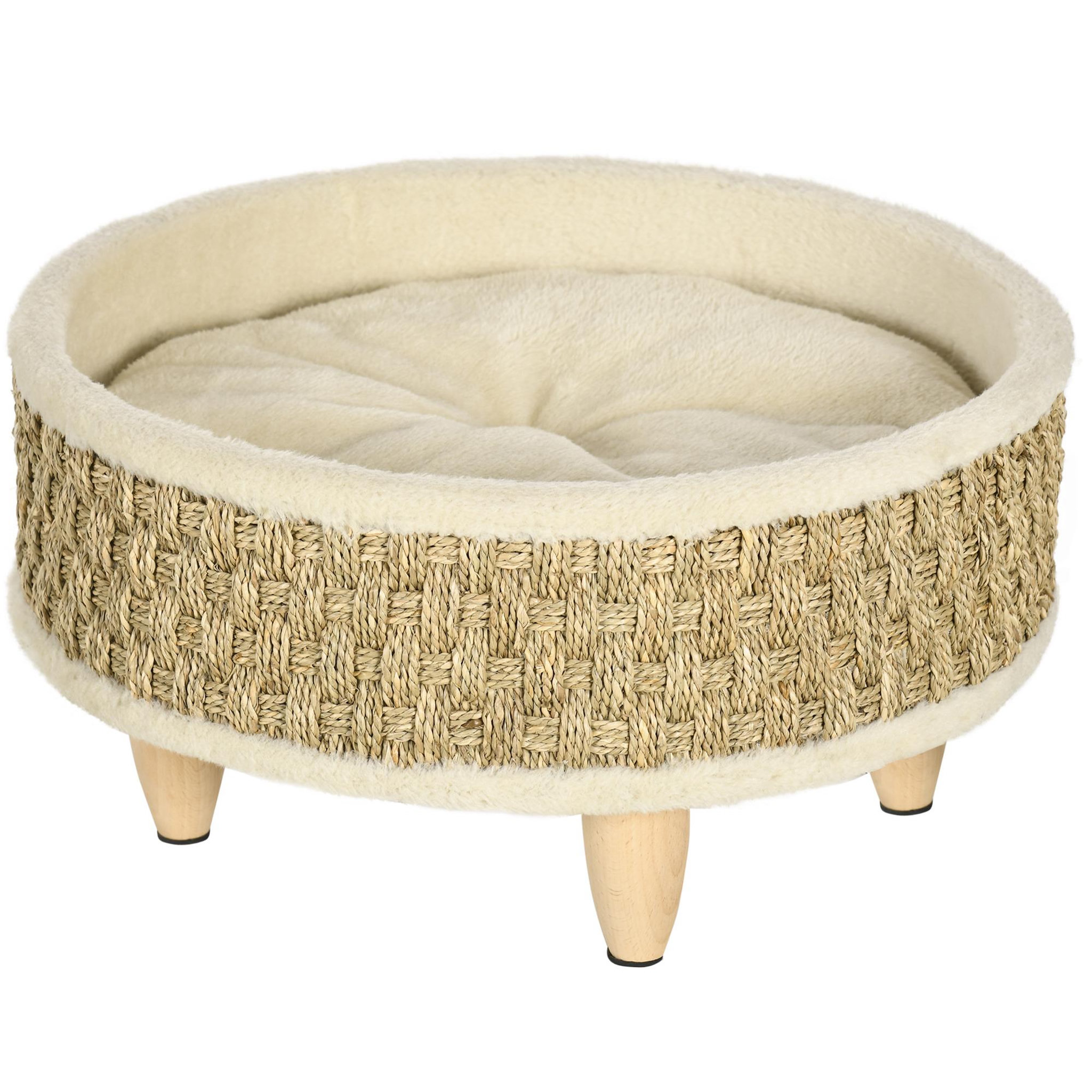 PAWHUT Canapé panier lit chien chat style cosy naturel - coussin inclus - dim. Ø 48 x 24,5h cm - bois pin jonc de mer