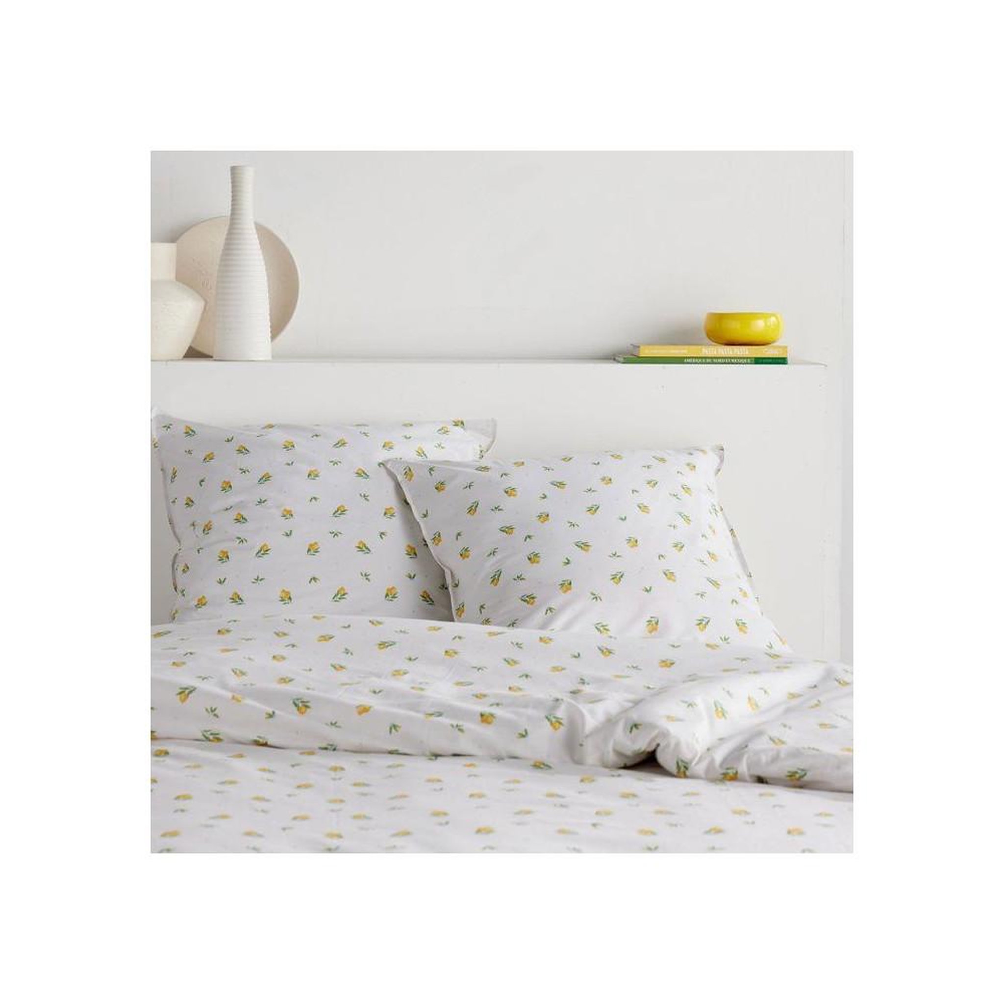 Voir la diapositive 2 : Today Ensemble de linge de lit coton imprimé today sunshine blanc motif citron 140 x 200 cm housse + taie 63 x 63 cm