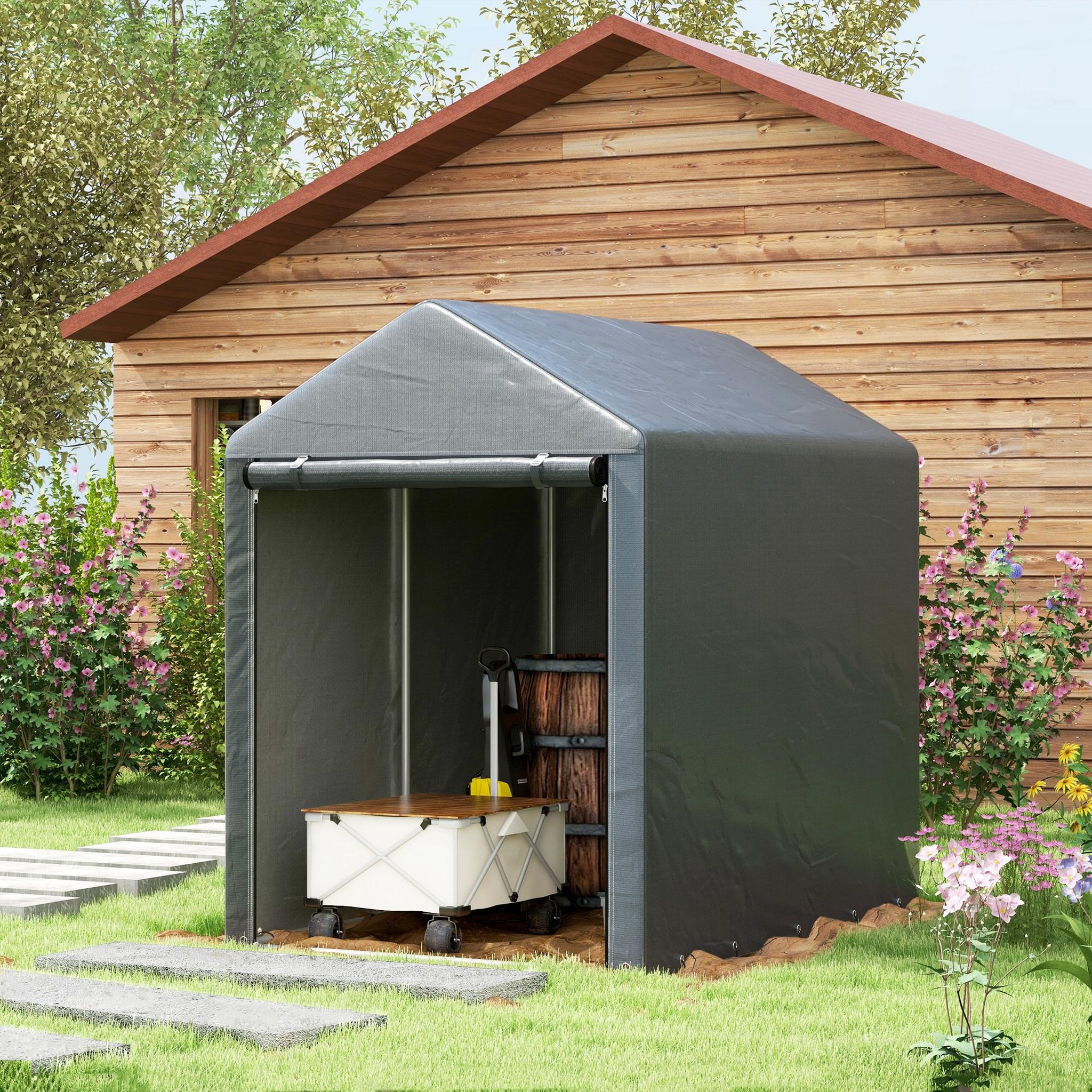 Voir la diapositive 4 : OUTSUNNY Abri de jardin tente de stockage portable abri de vélo garage pour extérieur avec cadre en métal galvanisé et grande porte, 1,2 x 1,8 m gris foncé