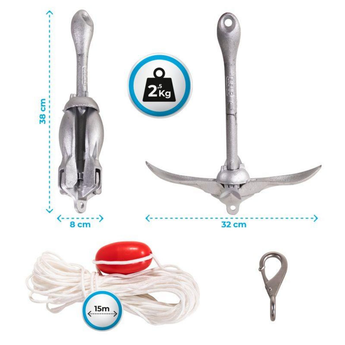 ADRENALIN Ancre d'amarrage, grappin 4 pattes, corde 15m pour Stand up paddle, Kayaks et petits bateaux à rames