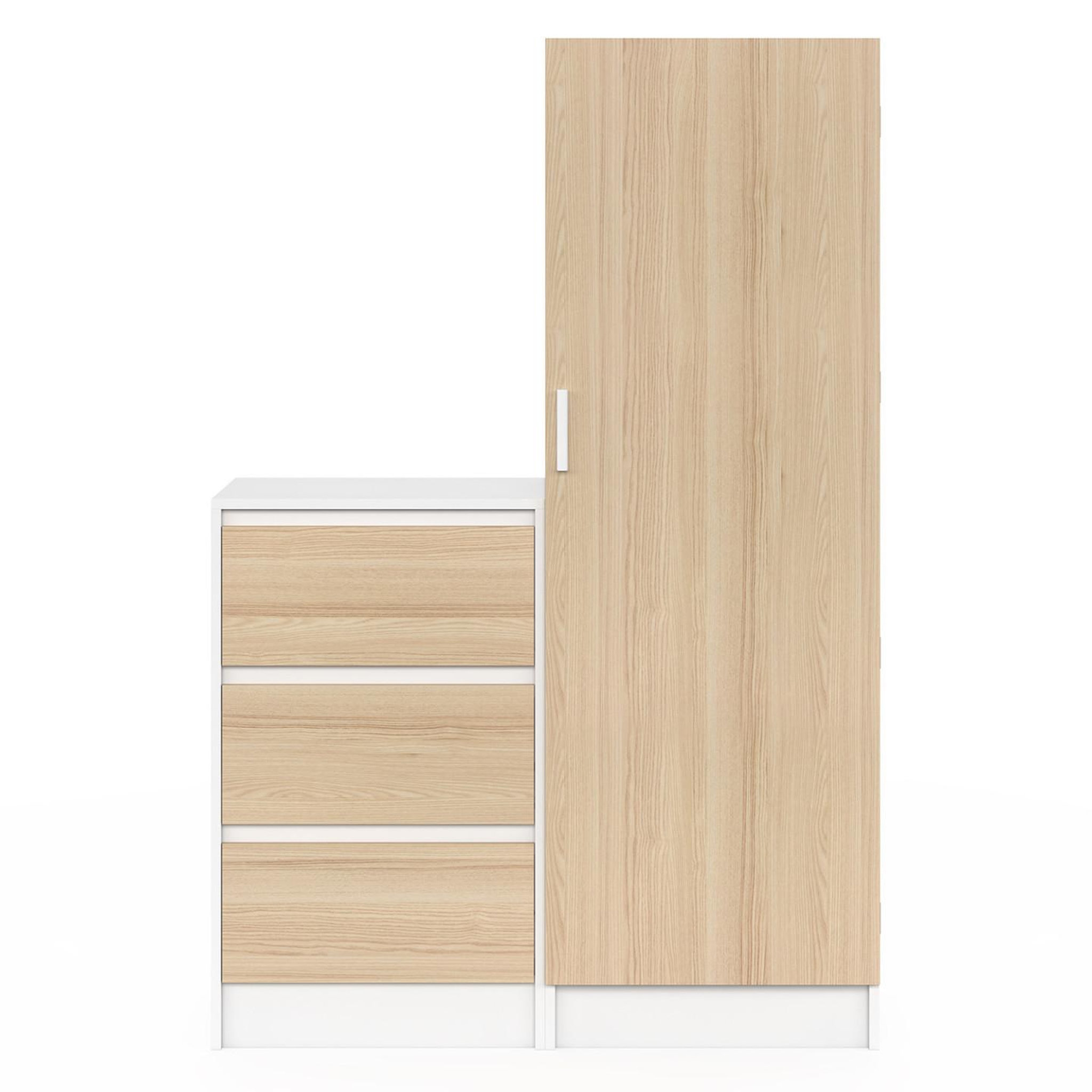 Voir la diapositive 5 : ID MARKET Armoire 1 porte ambre penderie avec commode 3 tiroirs 100 cm modulable façon hêtre et blanc