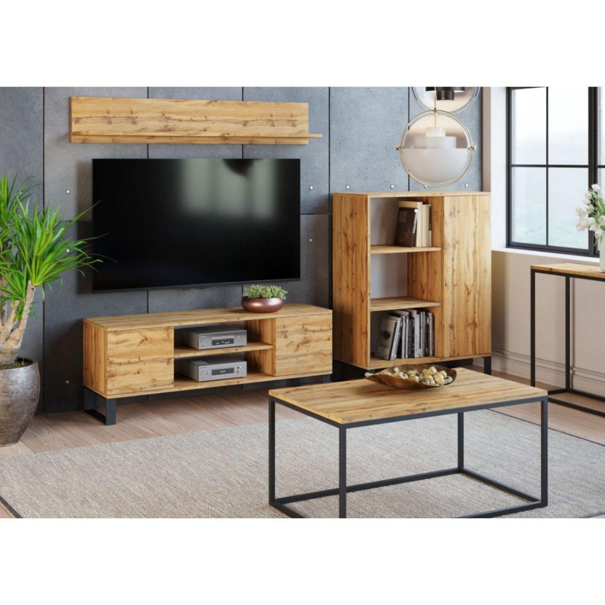 KOBI Meuble TV FOCUS 135 cm au style loft moderne et fonctionnel