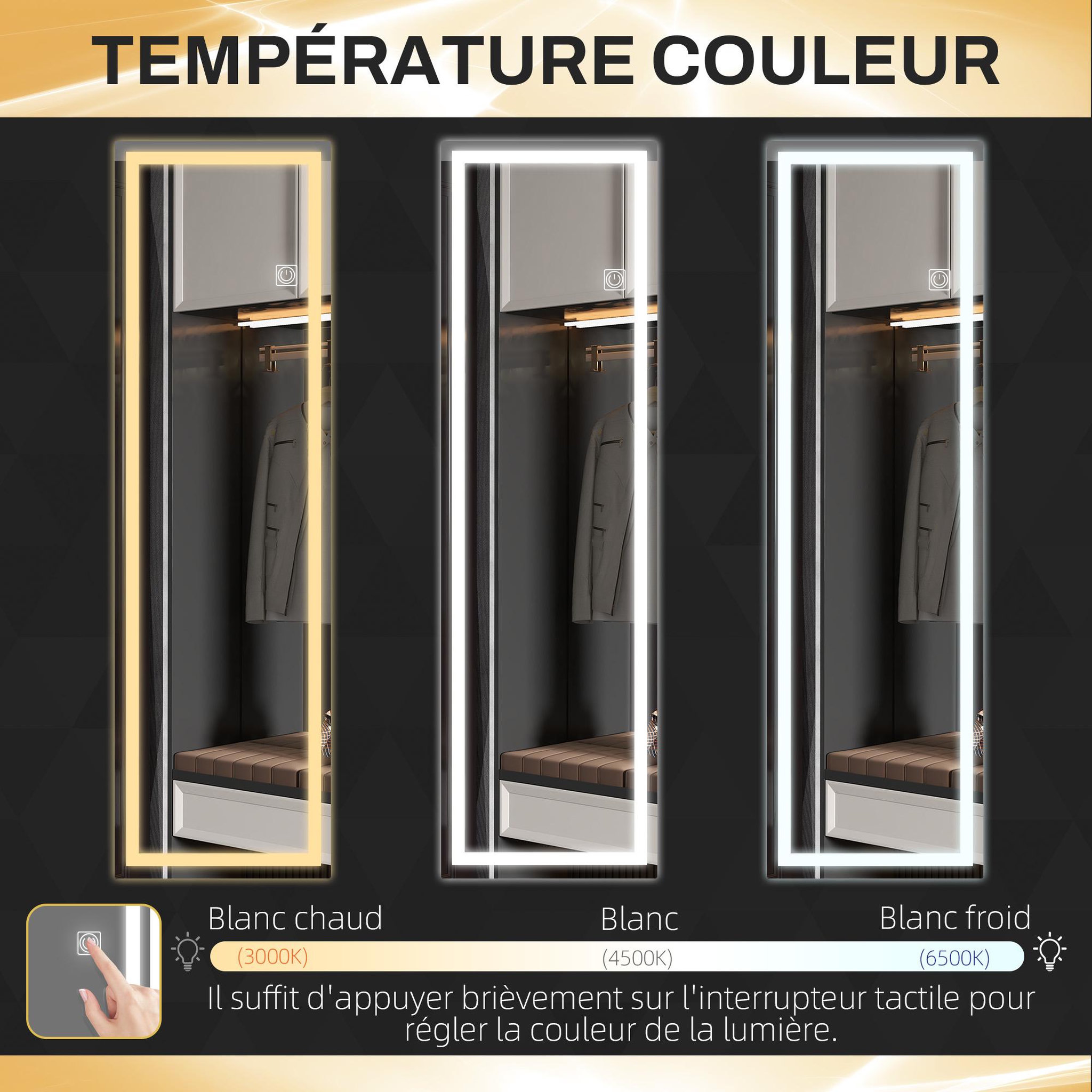 Voir la diapositive 6 : HOMCOM Miroir mural plein pied rectangulaire avec LED réglable, interrupteur tactile, verre épais 4mm, 40 x 120 cm - pour chambre, salon, salle de bain