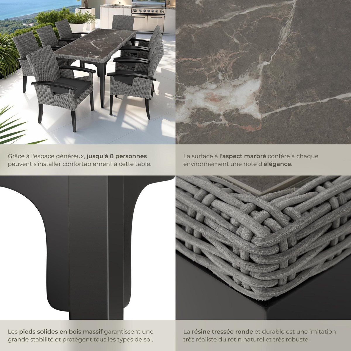 tectake Table en rotin avec cadre en aluminium et bois gris