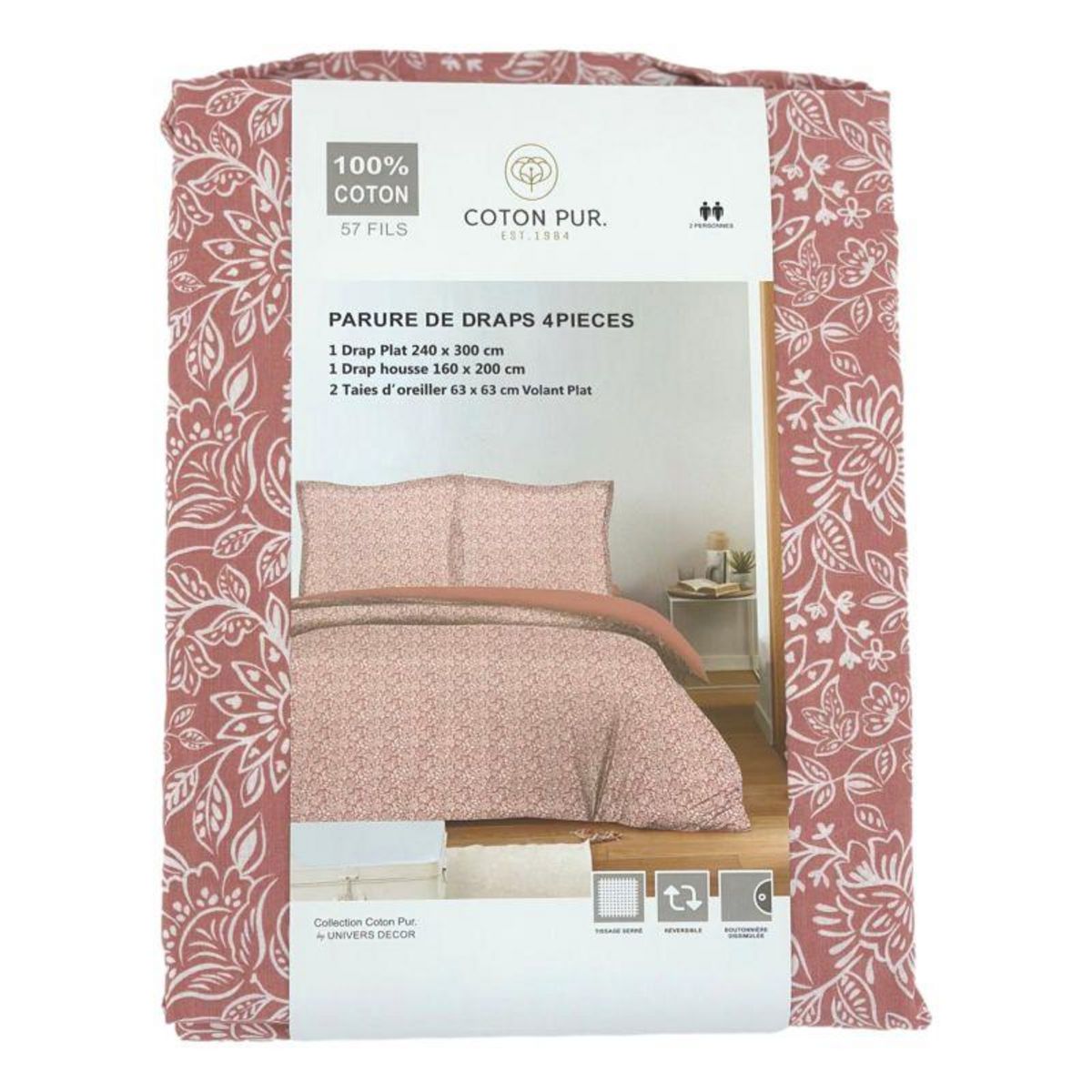 COTON PUR Parure de draps 4 pièces pour lit 160 x 200 cm  Grande largeur  Céleste pêche