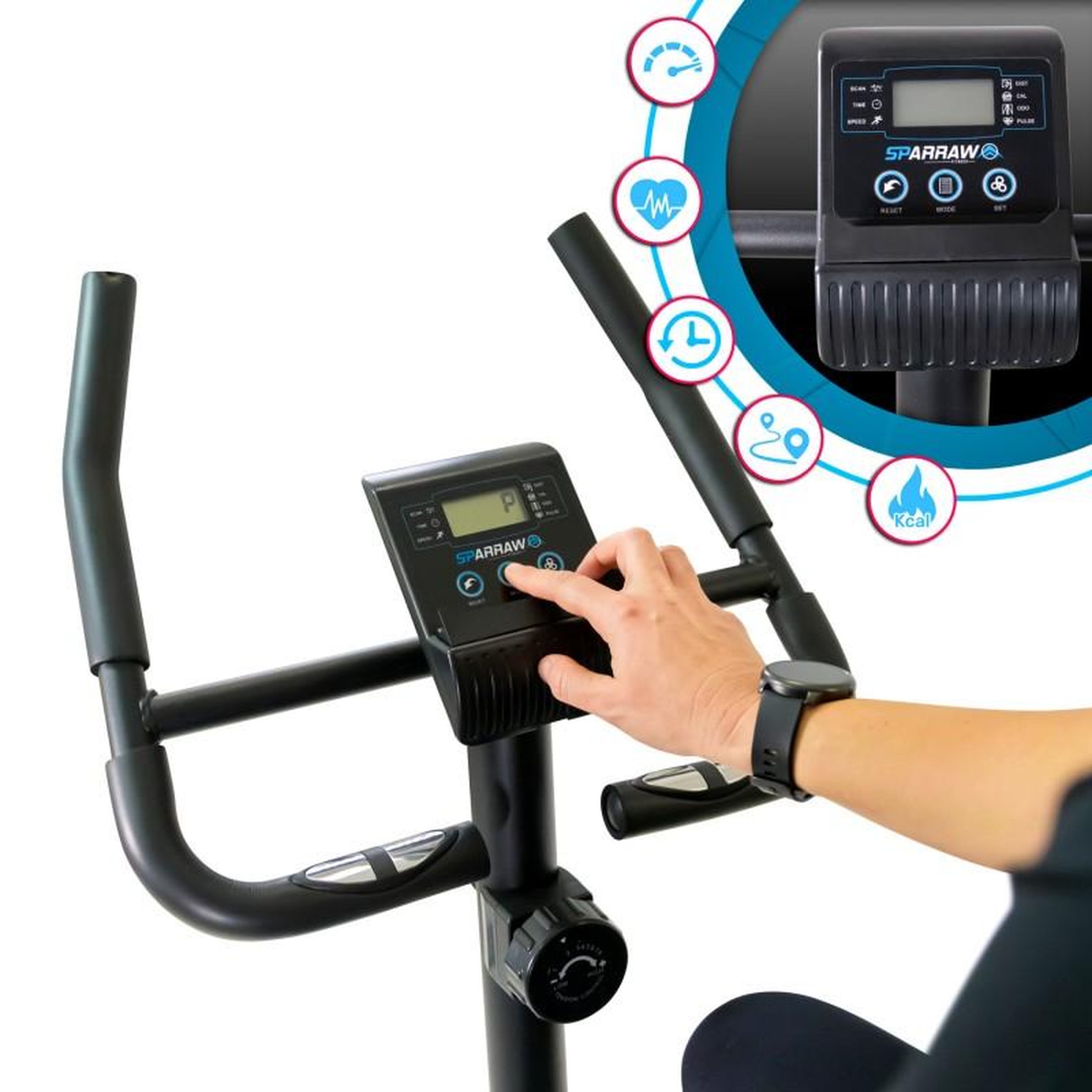 Voir la diapositive 5 : SPARRAW Vélo d'appartement TEMPO Roue d'inertie 3kg - 8 niveaux de résistance, Capteurs Pouls, Ecran d'entraînement, Réglable