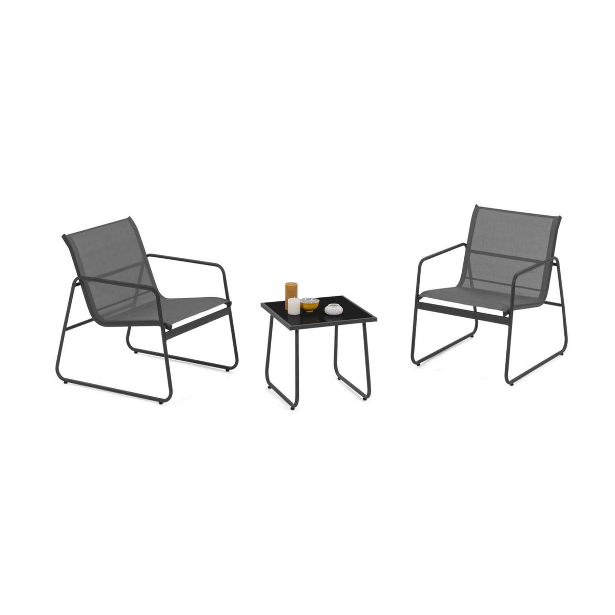 ID MARKET Salon de jardin bas MALAGA table et 2 fauteuils en acier et textilène gris anthracite
