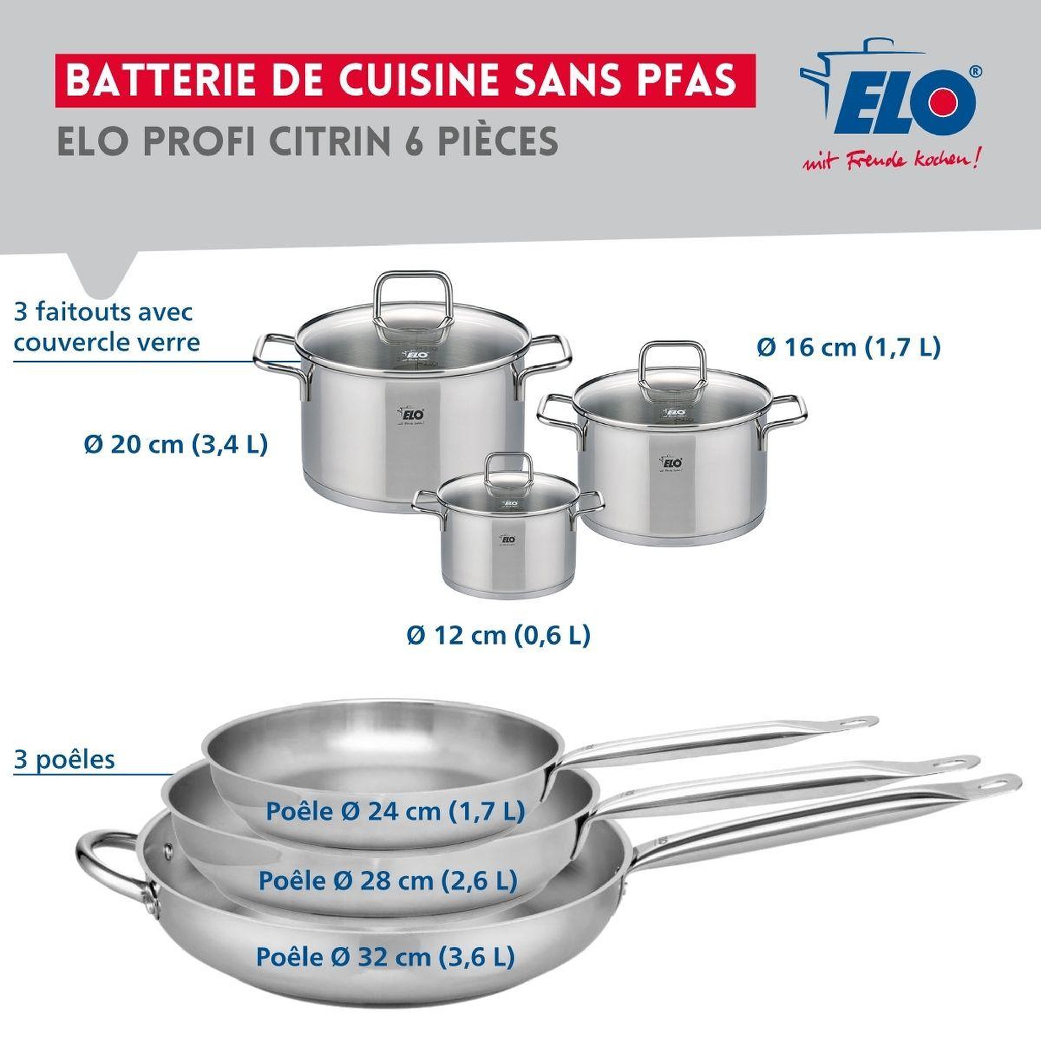 Voir la diapositive 2 : ELO Ensemble de 3 poêles de cuisson 24, 28 et 32 cm et 3 faitouts 12, 16 et 20 cm elo profi citrin