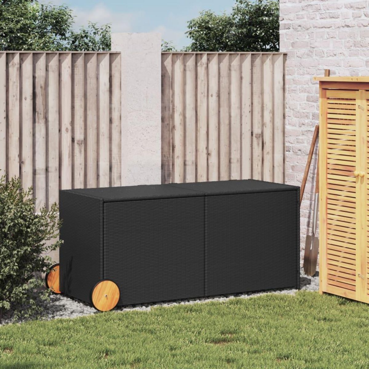 VIDAXL Boîte de rangement de jardin et roues noir 283L resine tressee